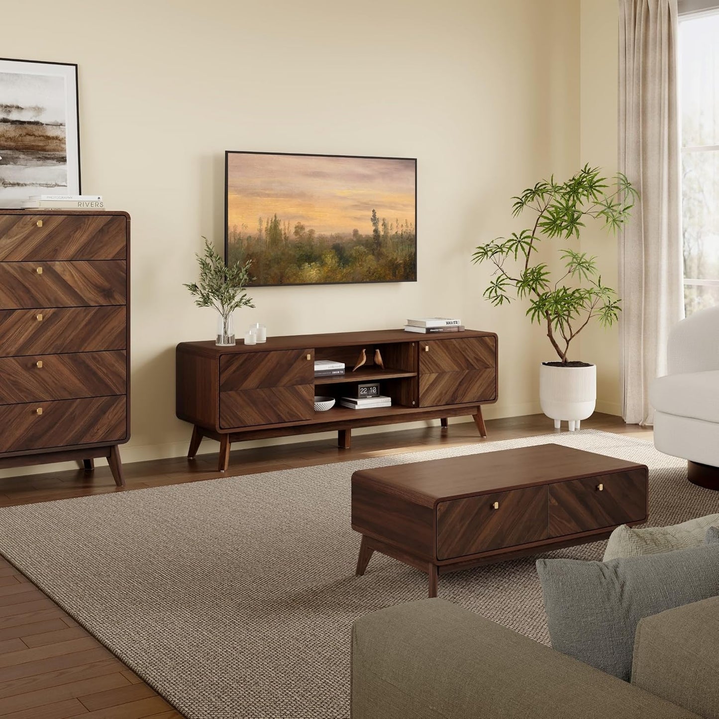 LuxenHome Mid Century Modern TV Stand, 63" TV Stands for Living Room for TVs up to 65", Entertainment Center with Storage, Wood TV Console with Tapered Legs, Television Stands