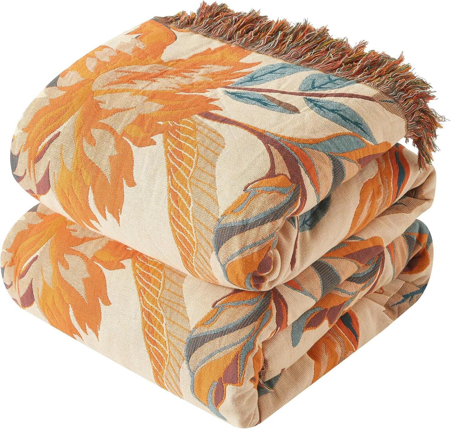 Boho Throw Blanket for Couch Sofa Bed, 100% Cotton Woven Quilt with Tassel 80”x90”, Super Soft Muslin Blanket with Floral Printed, Decorative Reversible Bed Blanket/Cover for All Seasons