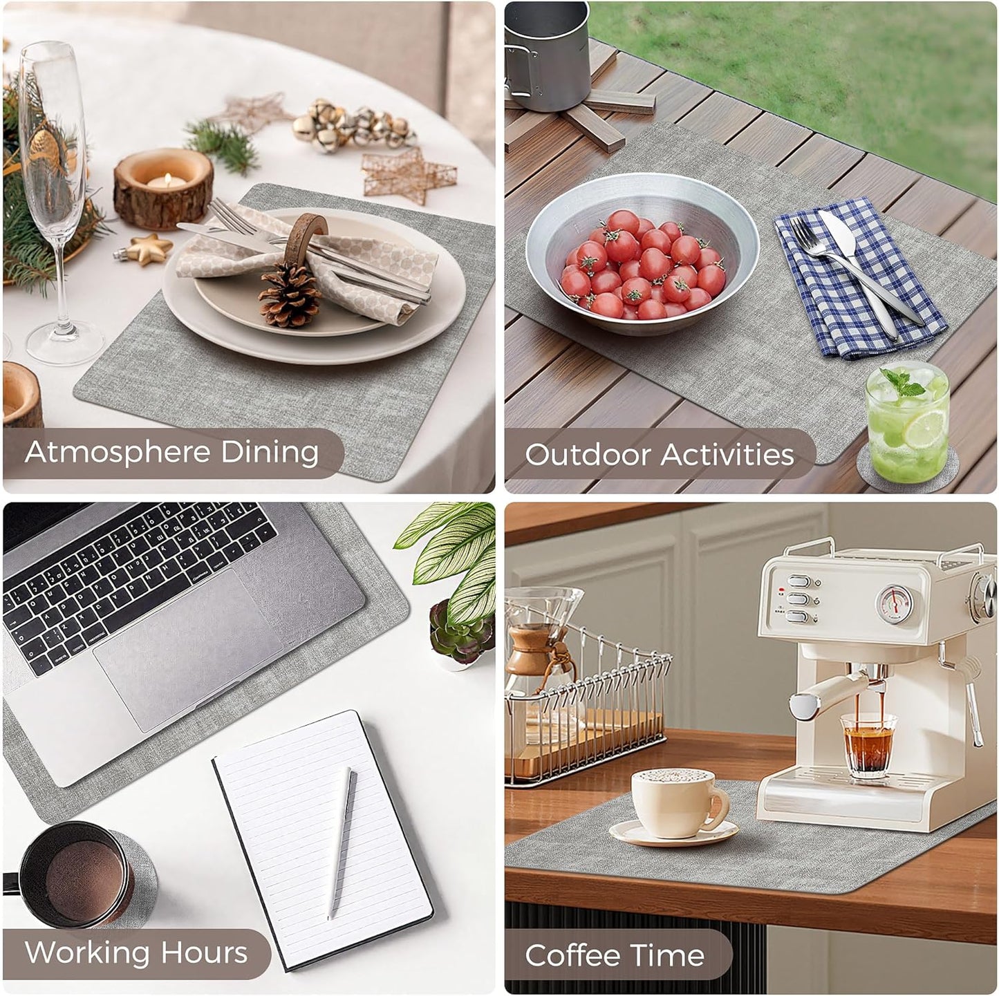 Vinyl Placemats Set of 6, Faux Leather Waterproof and Heat Resistant Place Mats, Washable Anti-Slip Table Mats with Coaster, Wipeable Placemats for Indoor & Outdoor 17" x 12" (Light Grey, Set of 6)