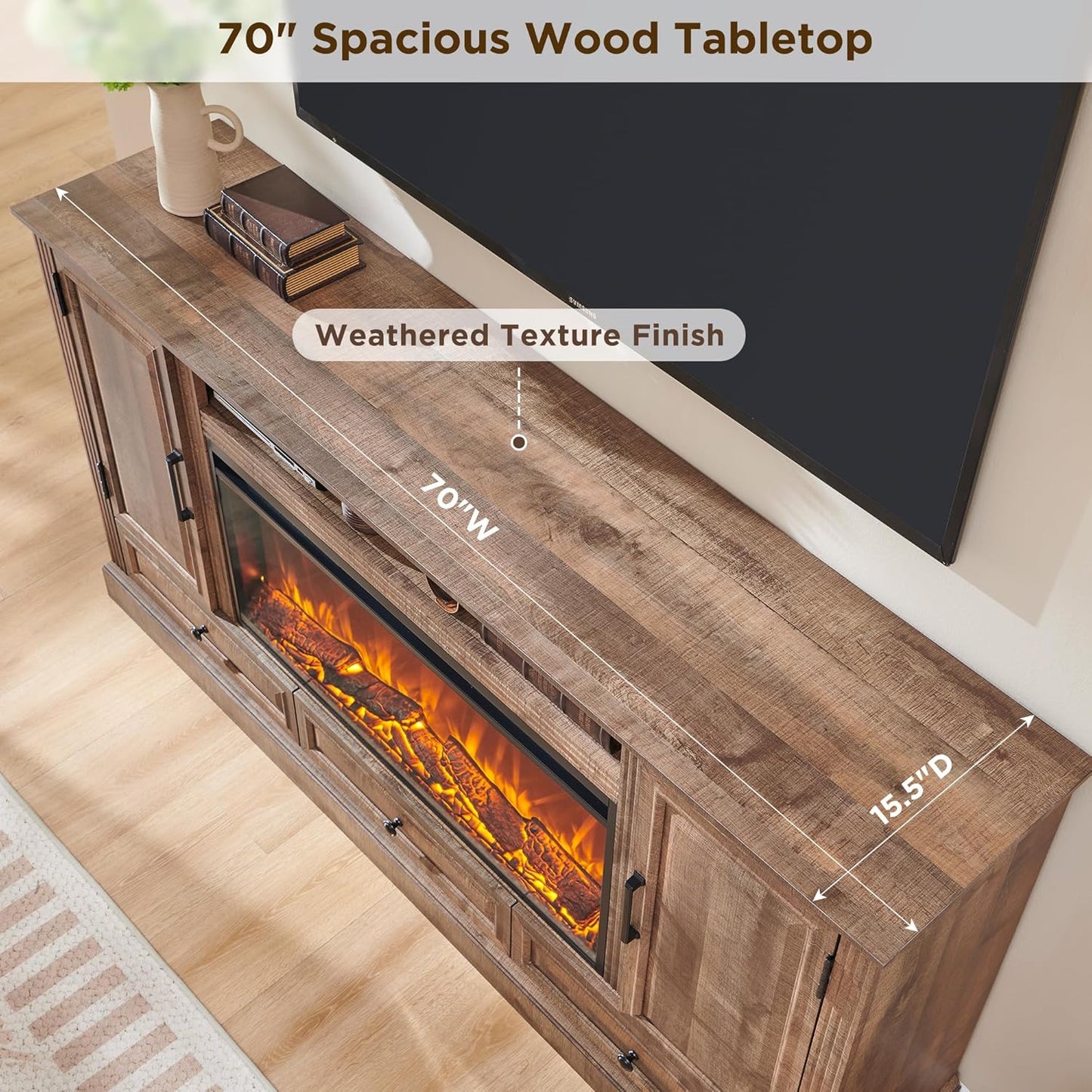 Fireplace TV Stand for 80 Inch TV, 35.7" Tall Farmhouse Entertainment Center W/36'' Electric Fireplace, Media Console with Large Storage Cabinets and Drawers for Living Room, Light Brown