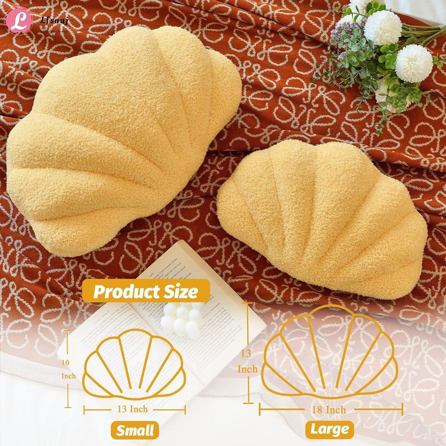 Yellow Seashell Throw Pillows, Shell Shaped Throw Pillows, 13 Inch Soft Home Decorative Pillow Plush Cushion for Bed Couch Living Sofa Room Decor Accent Throw Pillow
