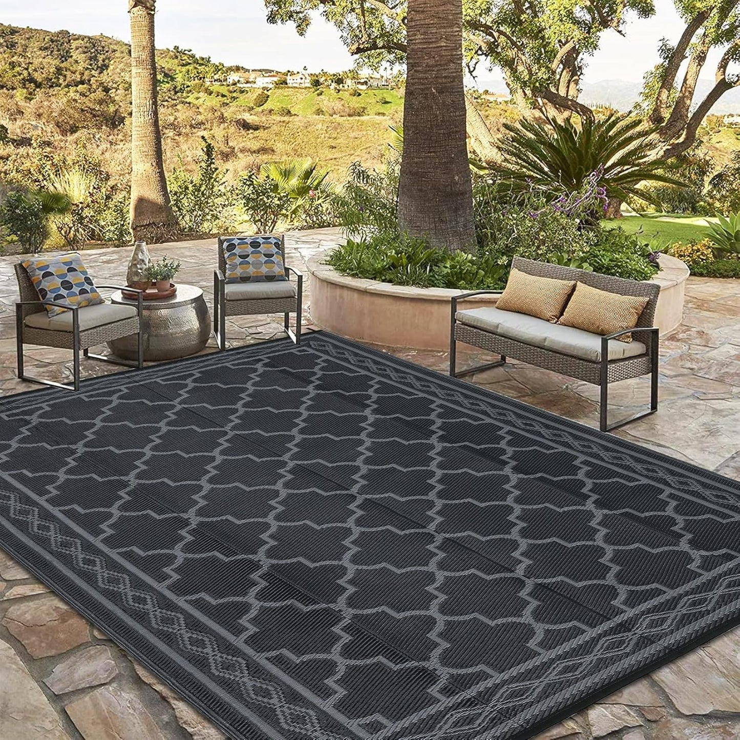 GAOMON Outdoor Rug 9'x12' Waterproof Rug for Patio Decor, Foldable Reversible Plastic Straw Area Rugs Mat for Camper, Outside Carpet for Deck, Porch, Picnic, Beach, Black/Grey(Geometric)