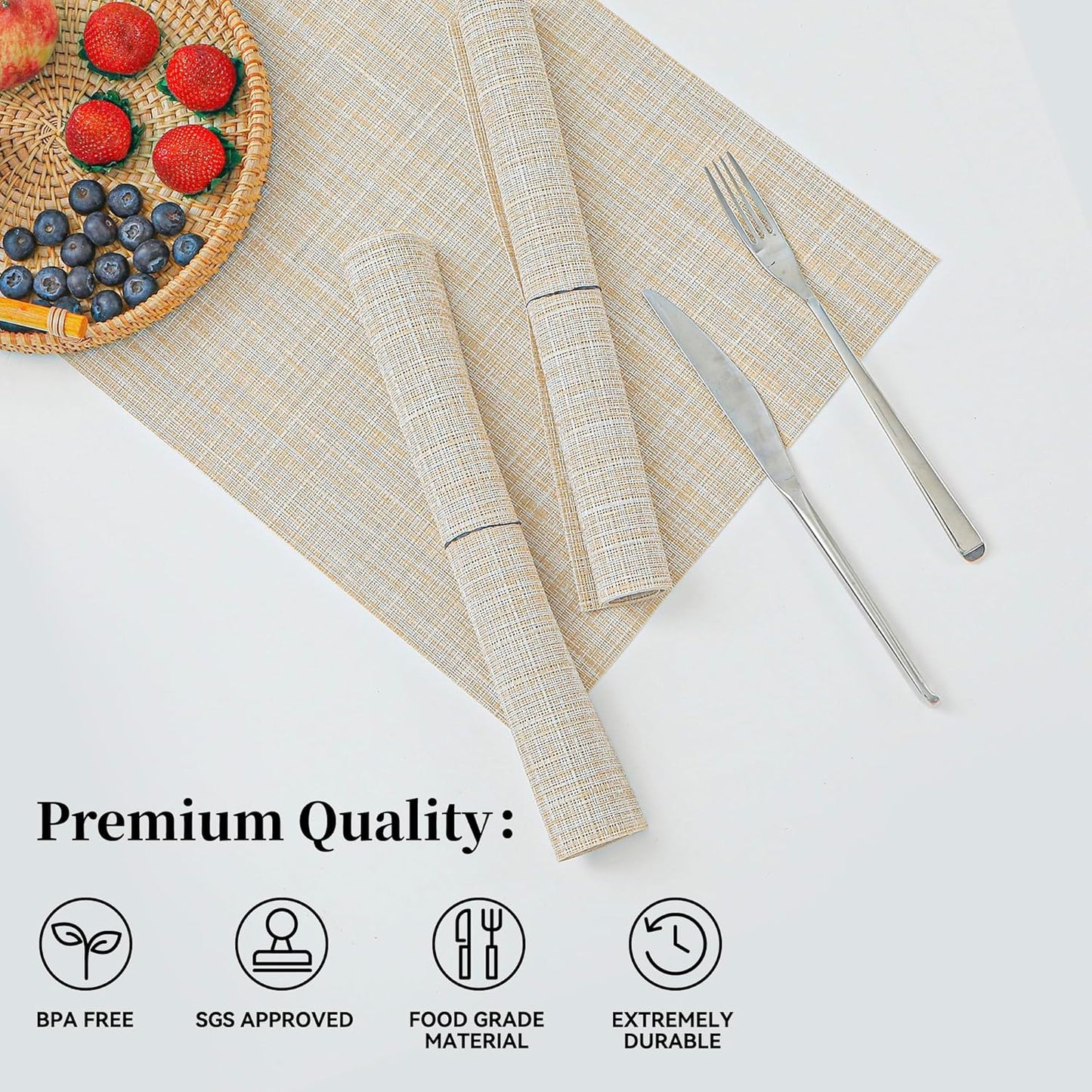 Leetaltree Beige Placemats Set of 16 - Heat Resistant Non-Slip Place mats for Dining Table, Washable Durable PVC Vinyl Woven Table Mats（Beige, 16）