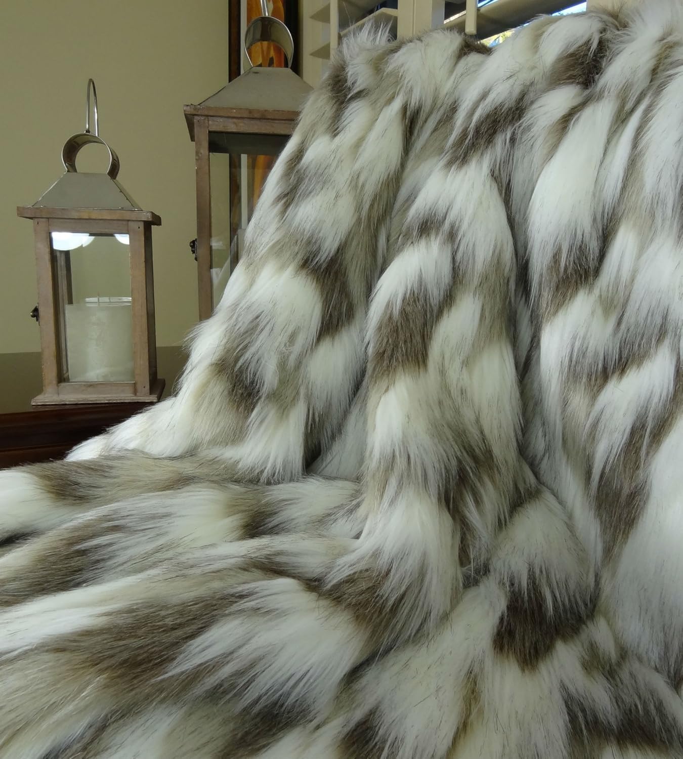 Ivory Beige Luxury Faux Fur Throw Blanket - Tibet Fox Fur - 108W x 90L