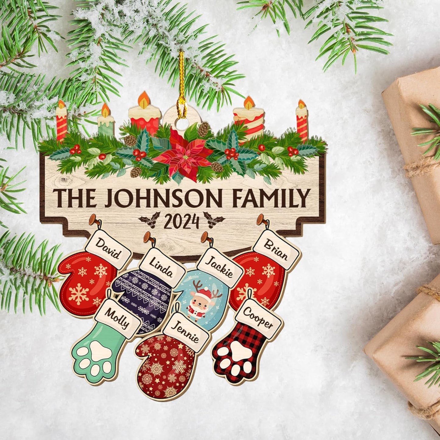 Family with Pet Ver 2 - Personalized Custom Wood Ornament, Family Gloves Christmas Ornament 2024, Xmas Ornament Gifts for Family Tree Decoration (A06, 9 Names)