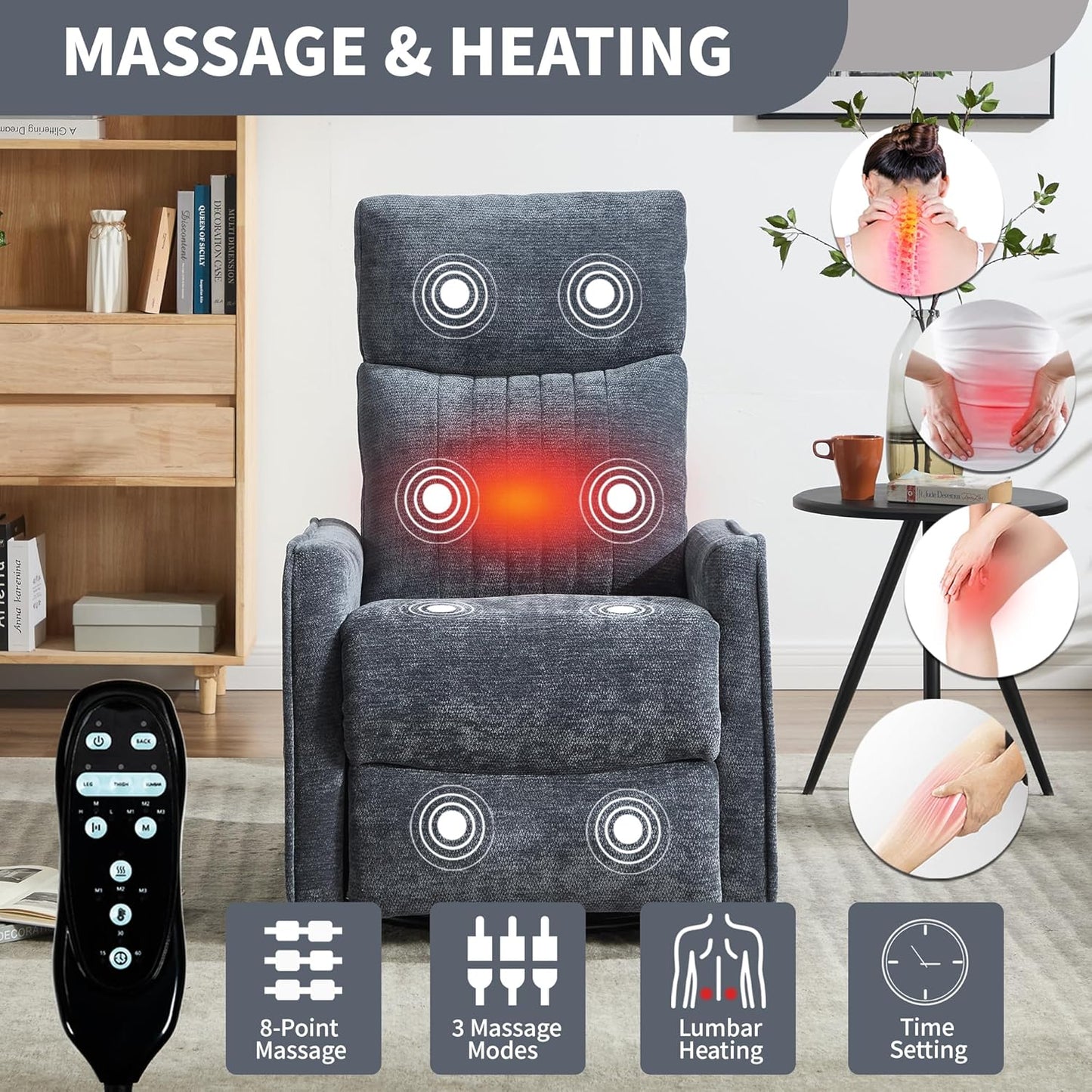 Manual Swivel Rocker Recliner Chair for Adults, Overstuffed Reclining Glider Chair for Nursing with Vibration Massage & Heat, Living Room Rocking Recliner 2-Stage backrest, Chenille Fabric Blue