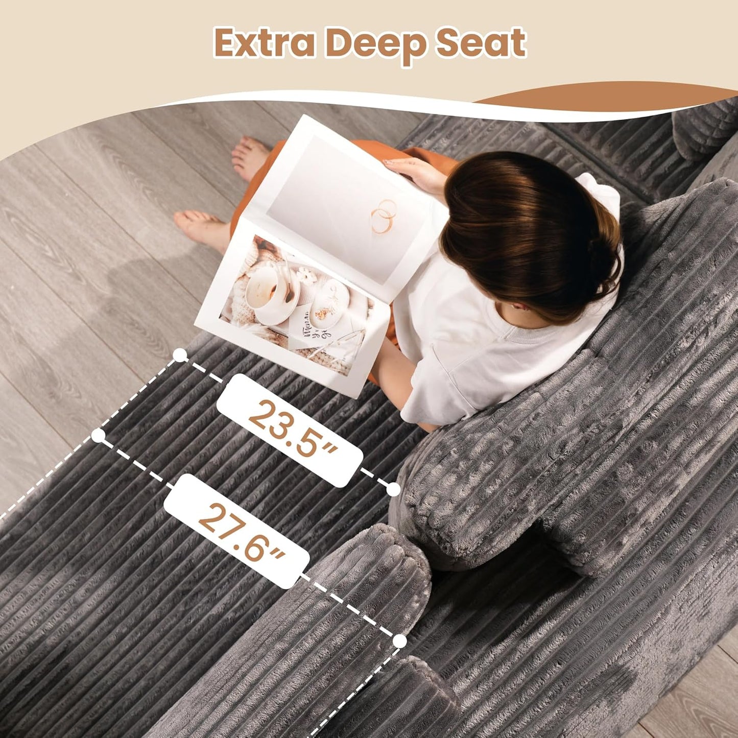 HOOOWOOO Cloud Sectional Couches for Living Room,Modular Sectional Sofa No Assembly,133X108 Inch Plush Corduroy Large U Shaped Floor Couch Set with Deep Seat Right Chaise(Gray)