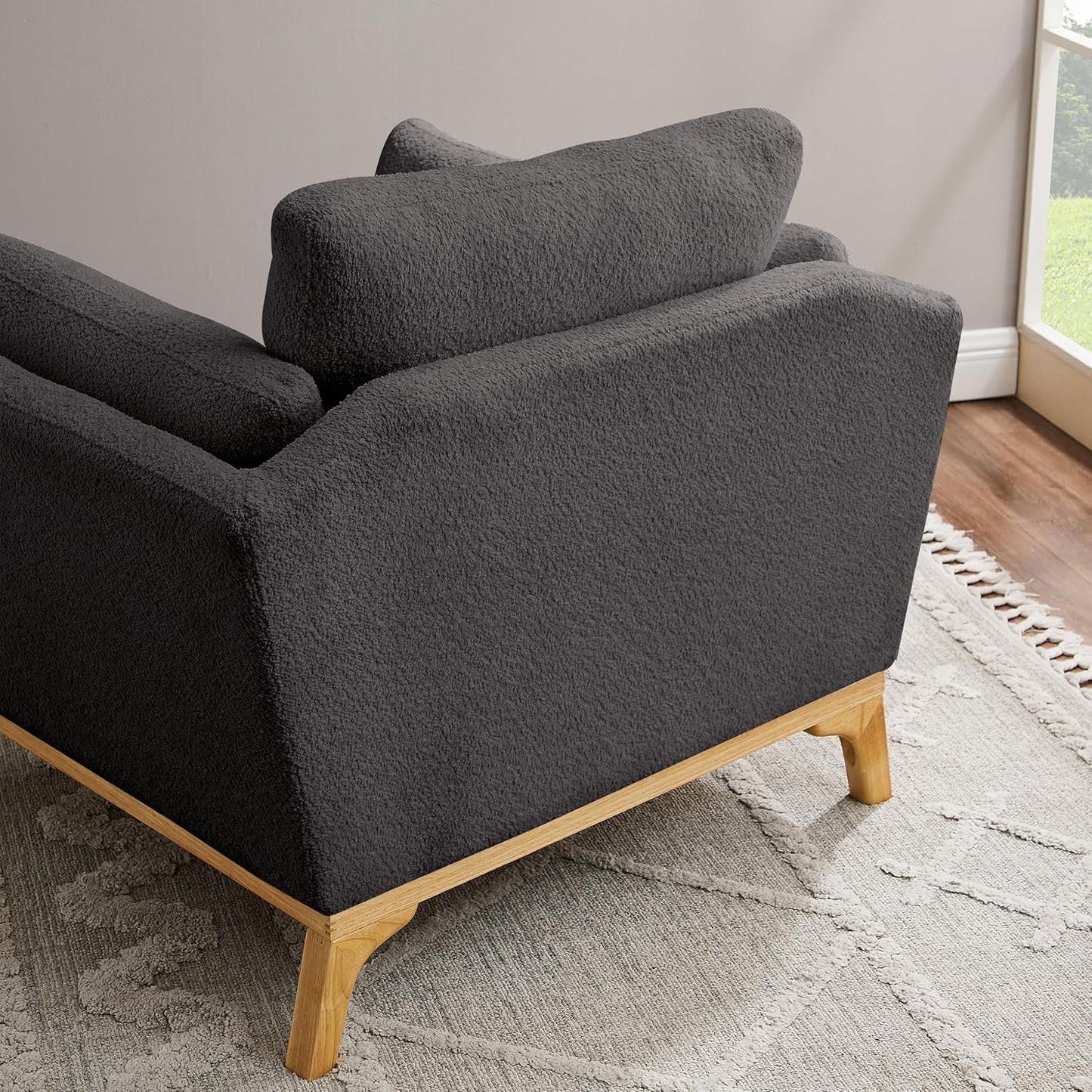 Large-Sized Accent Chair, Thick Cushion Bedroom Reading Chair, Comfortable Living Room Single Sofa， Boucle Dark Gray