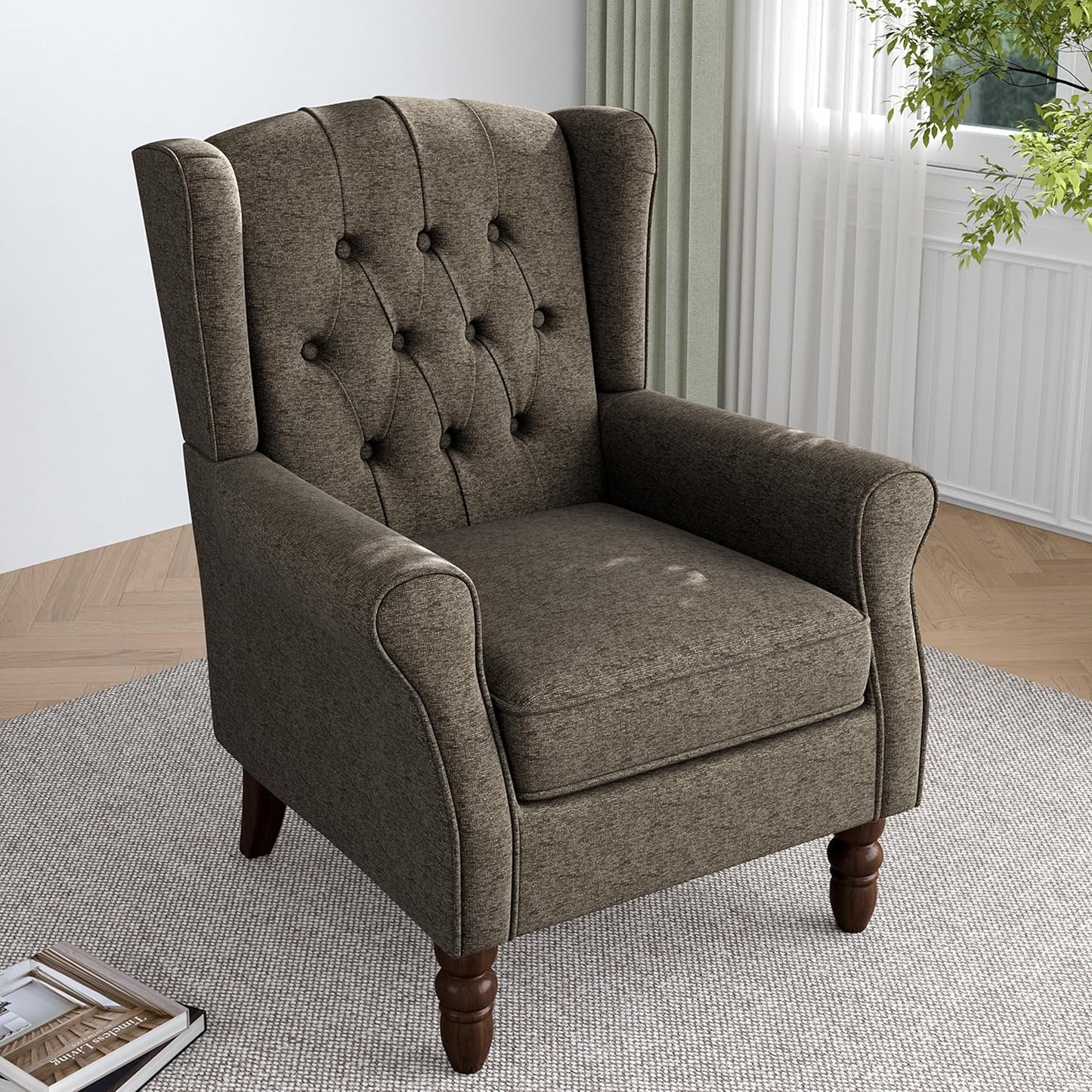 Lumibee High Back Accent Chair,Upholstered Wingback Armchair with Solid Wood Legs for Small Spaces,Comfy Single Sofa Chair for Living Room,Bedroom,Office-Taupe