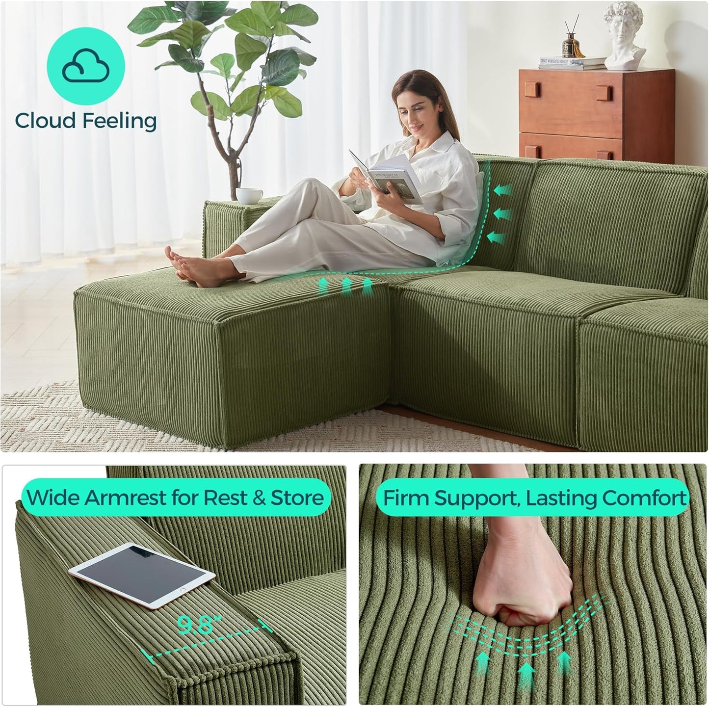 LINSY HOME Modular Sectional Sofa, 134" Boneless Couch U Shaped 4-Seat Sofa with 2 Movable Ottomans, Corduroy Sectional Cloud Couches for Living Room, No Assembly Required, Green