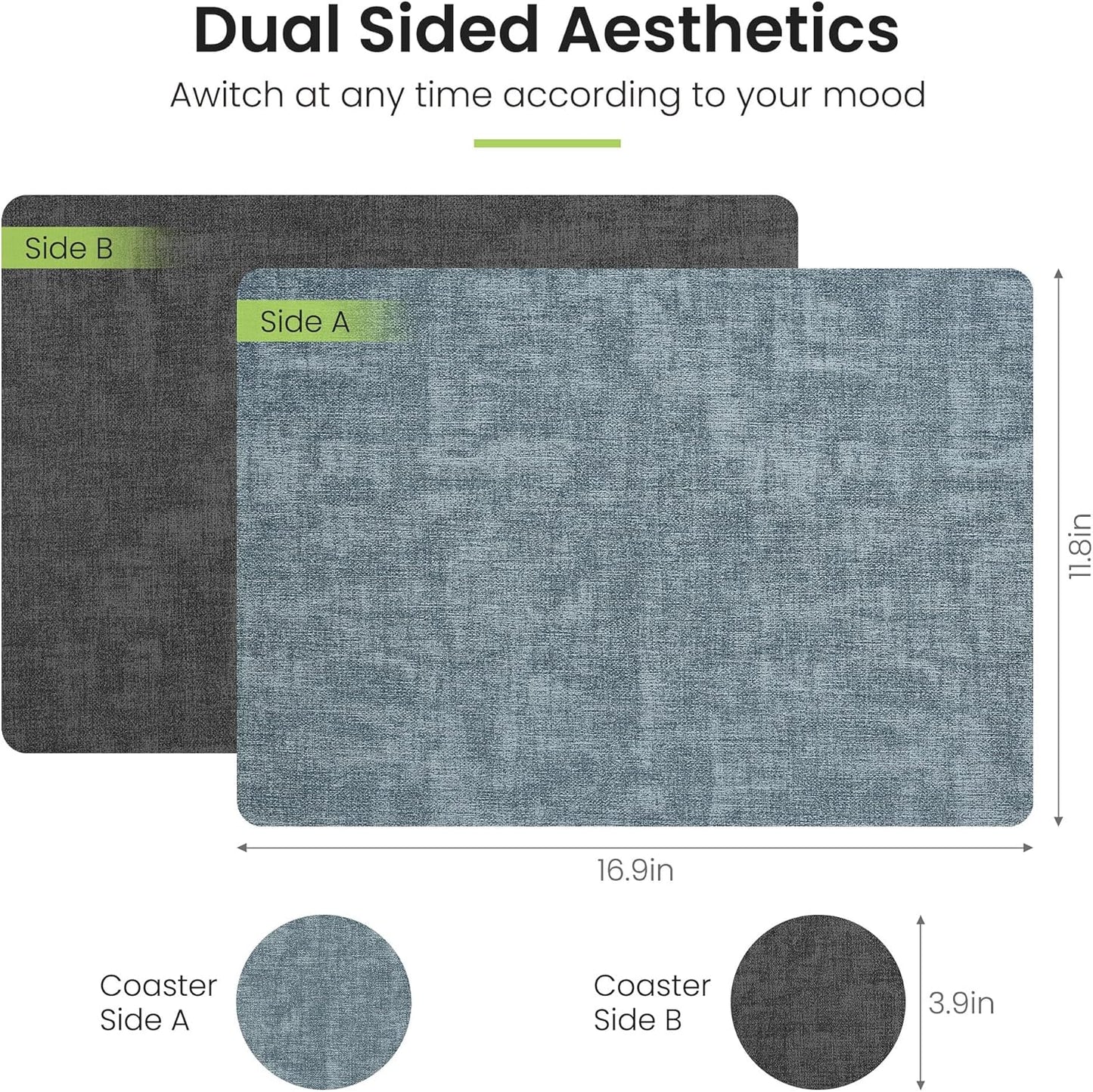 Faux Leather Dual Sided Placemats Set of 6, Square Non-Slip Heat Resistant Placemats with Coaster, Reversible wipeable Waterproof Table Mats for Kitchen, Dining, Outdoor (6, Black Light Blue)