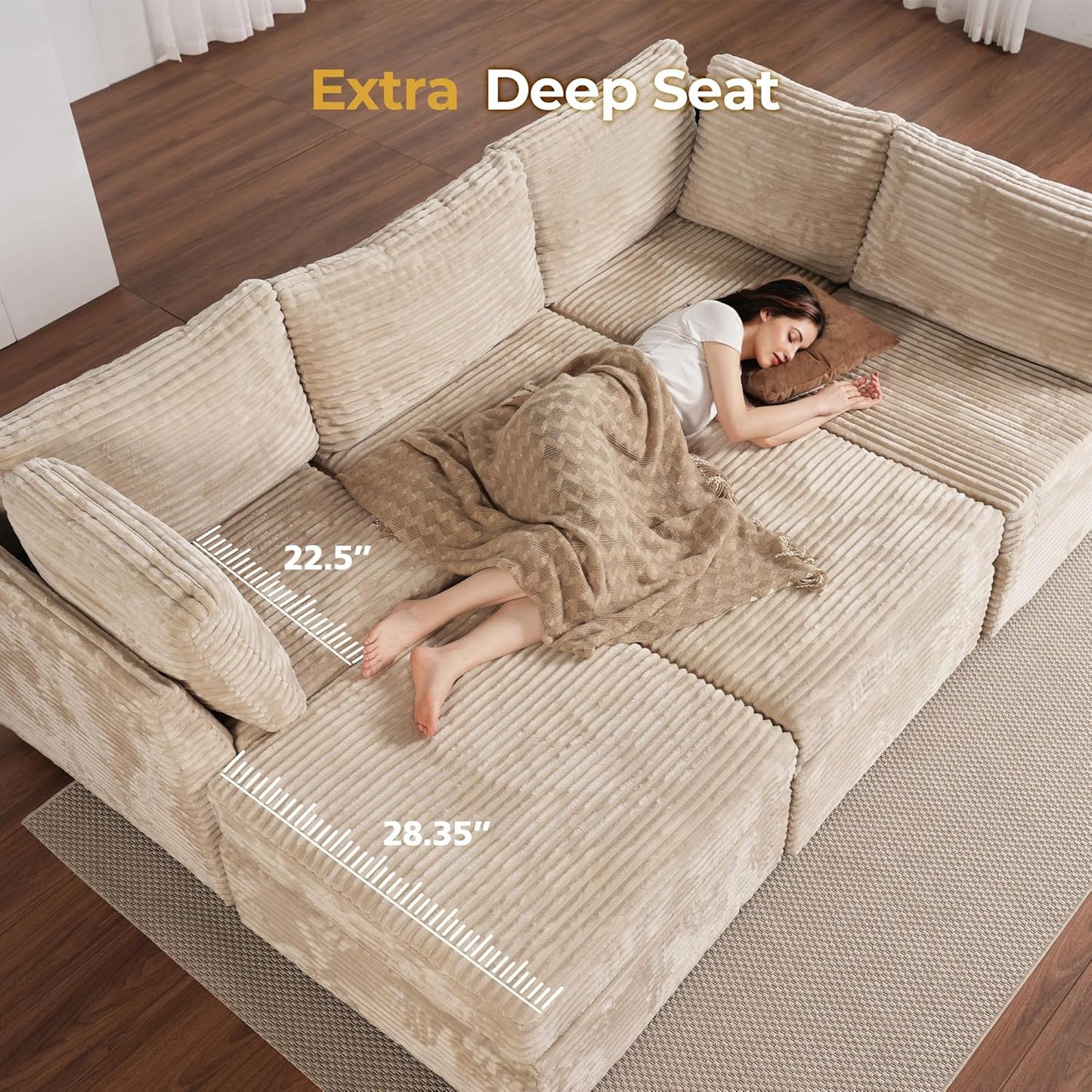 HOOOWOOO Modular Sectional Sofa,5 Pieces Sectional Couches for Living Room,98X66 L Shaped Cloud Couch with Ottoman Chaise Set(Beige Velvet Corduroy)