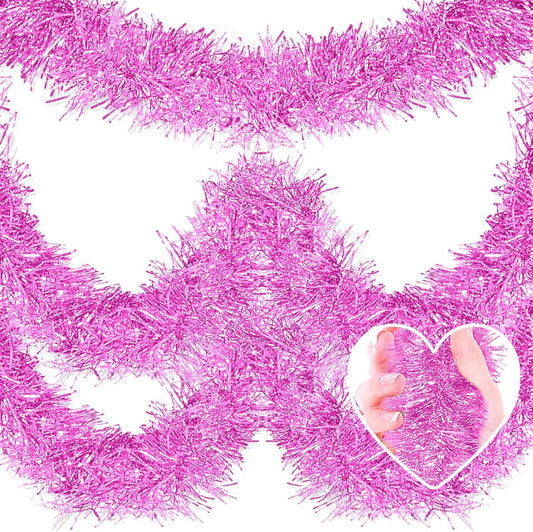 Macaron Pink Metallic Twist Tinsel Garland - 50ft x 2in Wall Hanging Backdrop for Christmas Eve, New Year & Valentine's Day Parties
