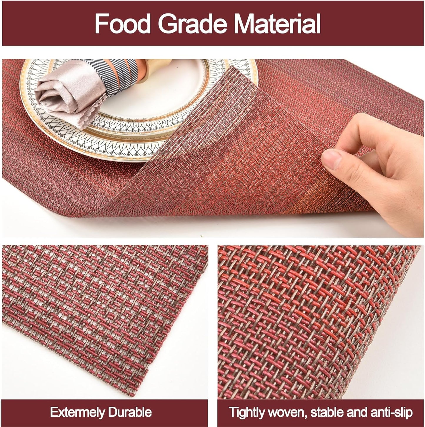 Placemats Set of 6 - Easy Clean Washable Vinyl Placemats - Wipeable Heat Resistant Table Mats for Dining Table - 17.7x11.8 Inch (6, Red Gradient)