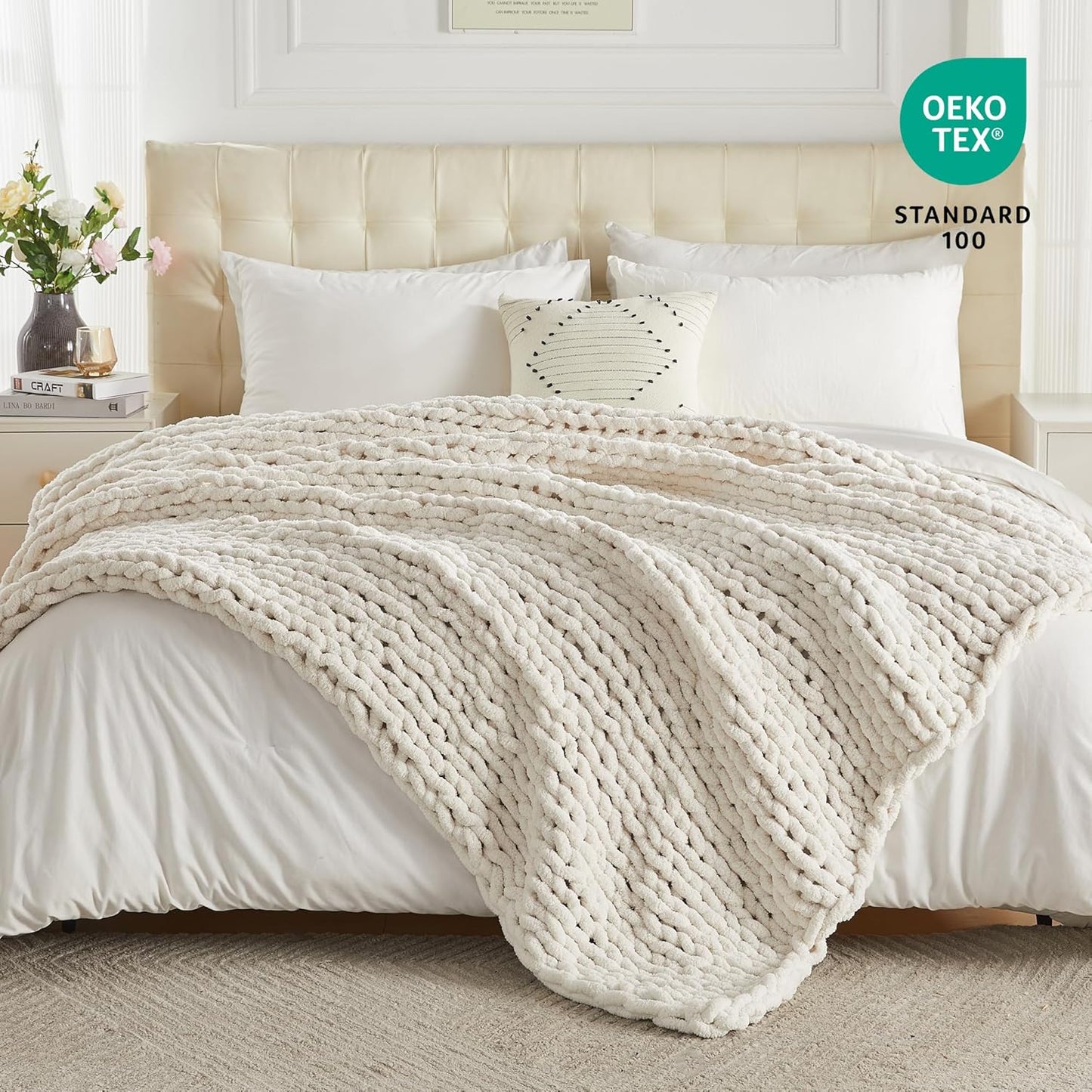 Carriediosa Chunky Knit Throw Blanket 50" X 60", 100% Hand Made Large Chenille Loop Yarn Soft Fluffy Throws for Couch Sofa Bed, Big Crochet Cozy Heavy Thick Cable Woven Blankets, Cream White