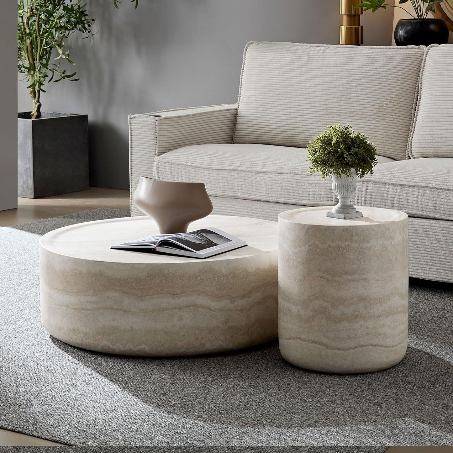 Coffee Table and Side Table Set, Round Faux Marble Coffee Table Set of 2 for Living Room, Luxury Circle End Table Modern Drum Center Tables for Apartment Office