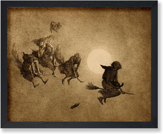 Poster Master Vintage Witches Ride Poster - Retro Flying Witches Print - Halloween Art - Pagan Art - Gift for Men & Women - Gothic Wall Decor for Living Room, Bedroom or Dorm - 16x20 UNFRAMED Wall Art