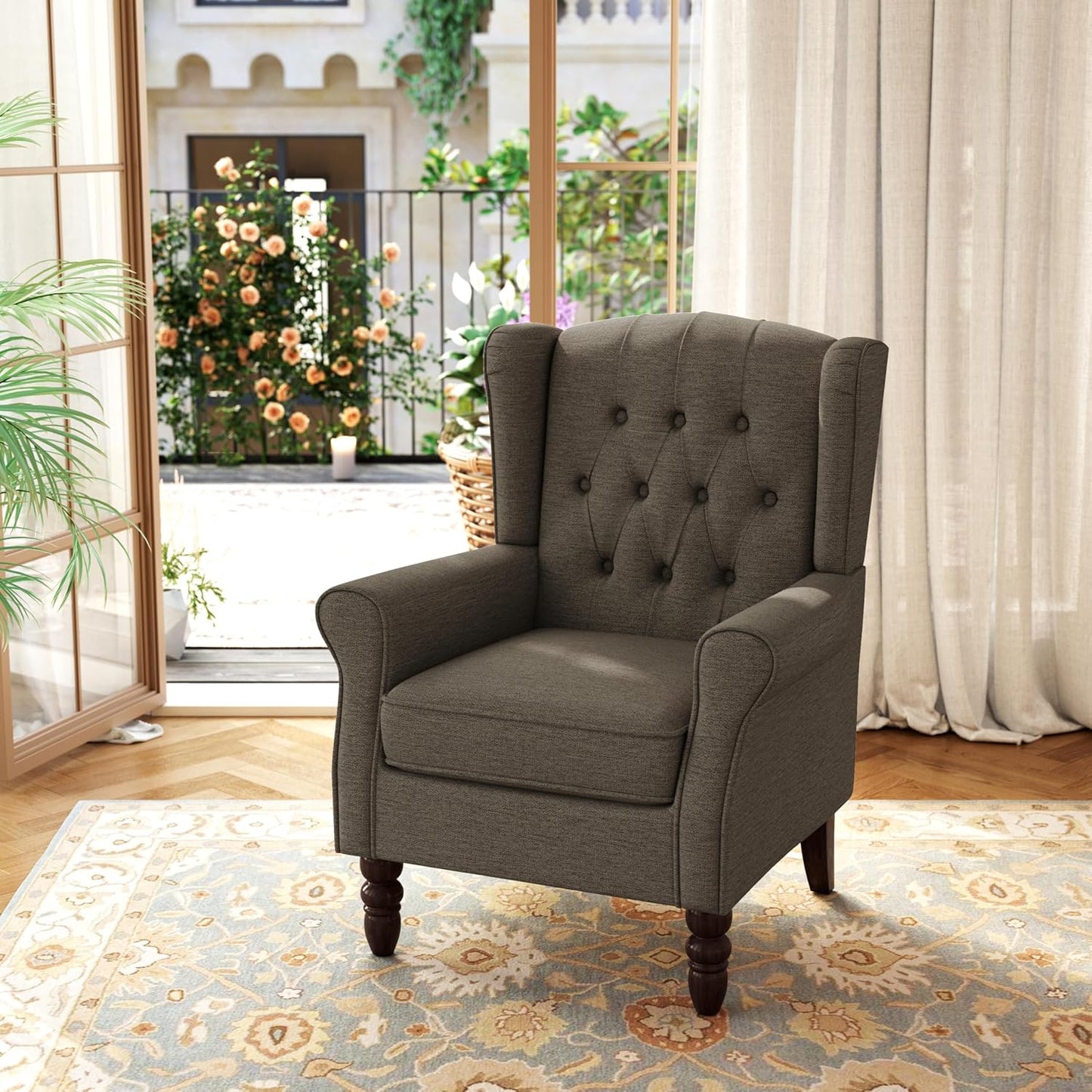 Accent Chair, Upholstered Armchair with Button Tufted High Back & Solid Wood Legs, Comfy Wingback Reading Single Sofa Chair for Small Spaces, Living Room, Bedroom (Taupe, Set of 2)