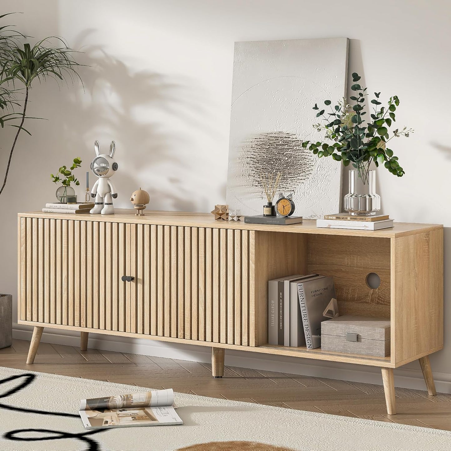 Mid Century Modern TV Stand for Televisions up to 70 Inches, with Sliding Doors and Storage, Television Stands, TV Consoles, Media Consoles for Living Room, 63 Inch (Natural)