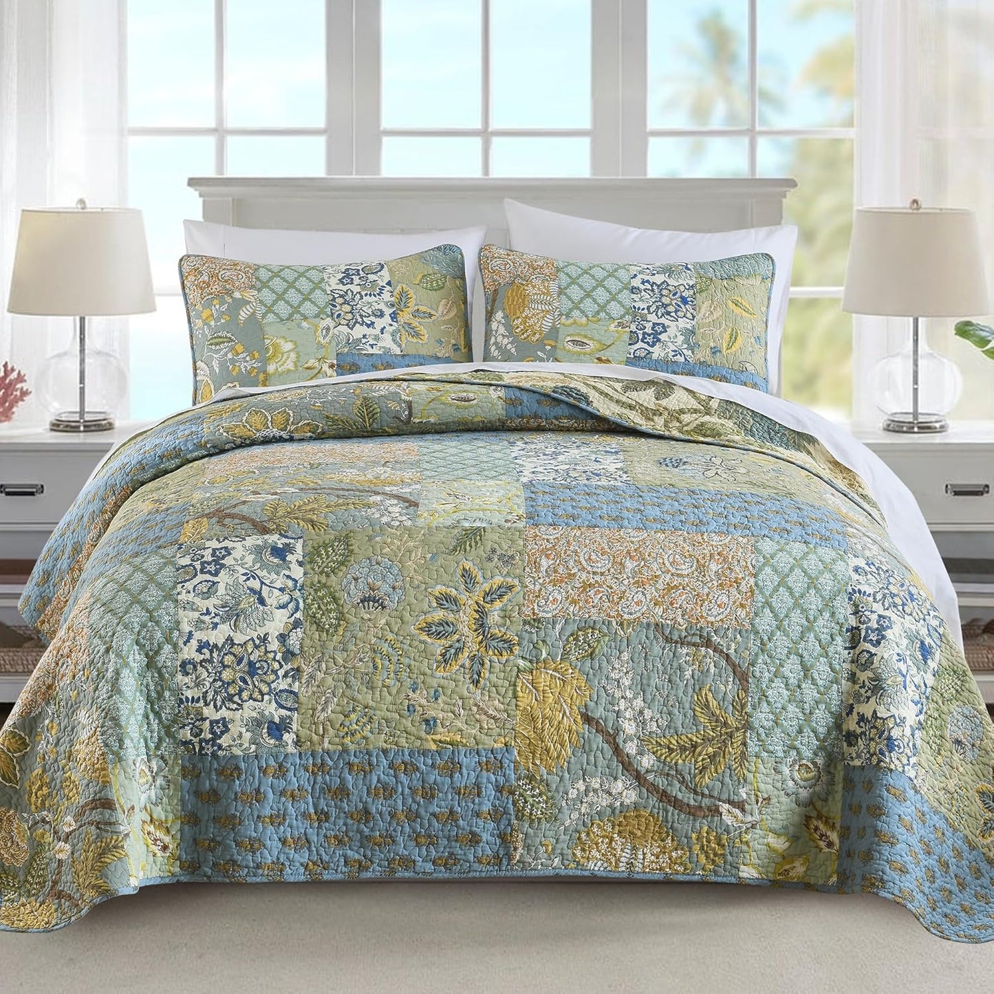 NEWLAKE Quilt Set Twin Size, 100% Cotton Patchwork Green Bohemian Quilt Sets, Reversible Bedspread Lightweight and Breathable for All Seasons, Soft Quilted Bedspread