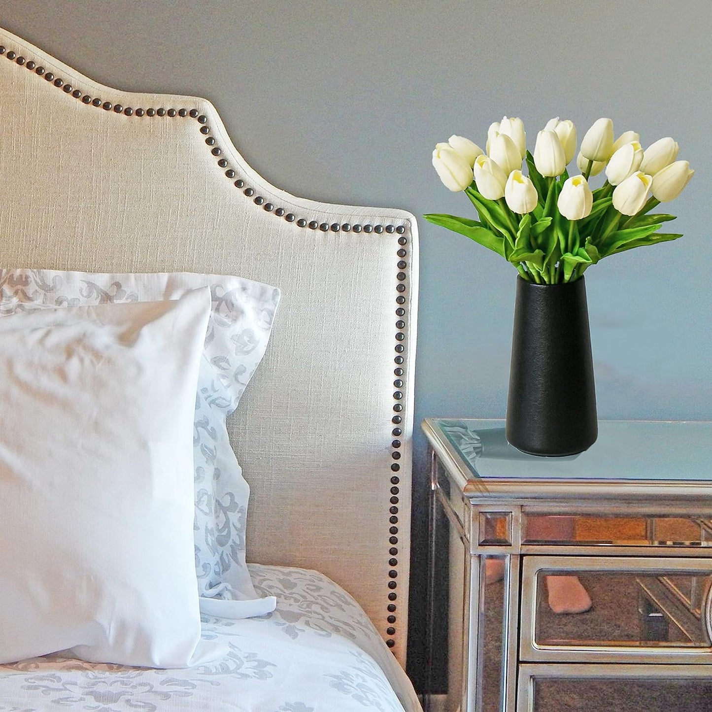 Mandy's Artificial Tulips 28 Stems Cream PU Faux Flowers for Wedding Home Decor 13.5 Inch