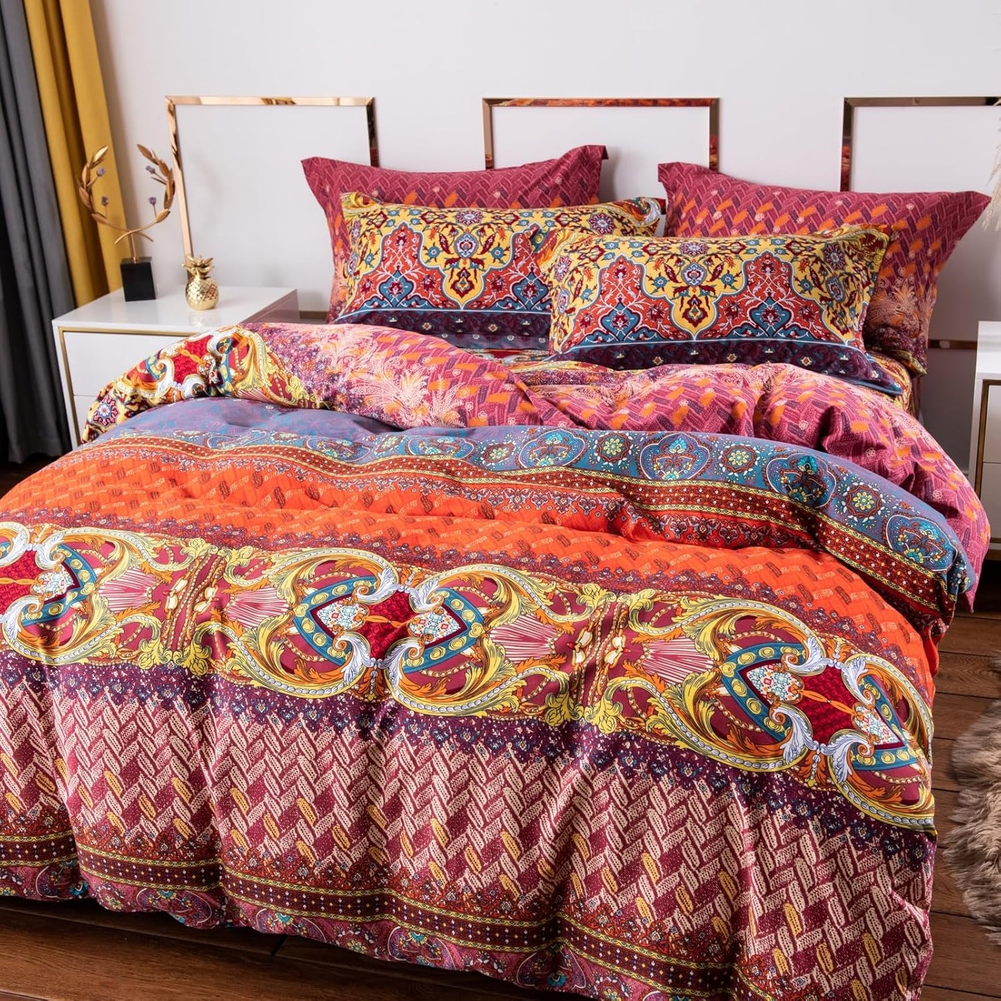 ABREEZE Bohemian Duvet Cover Set Colorful Orange Boho Retro Bedding Set Damask Paisley Cotton Duvet Cover Tribal Reversible Bedding Exotic Style Comforter Cover 3-Piece Cal.King