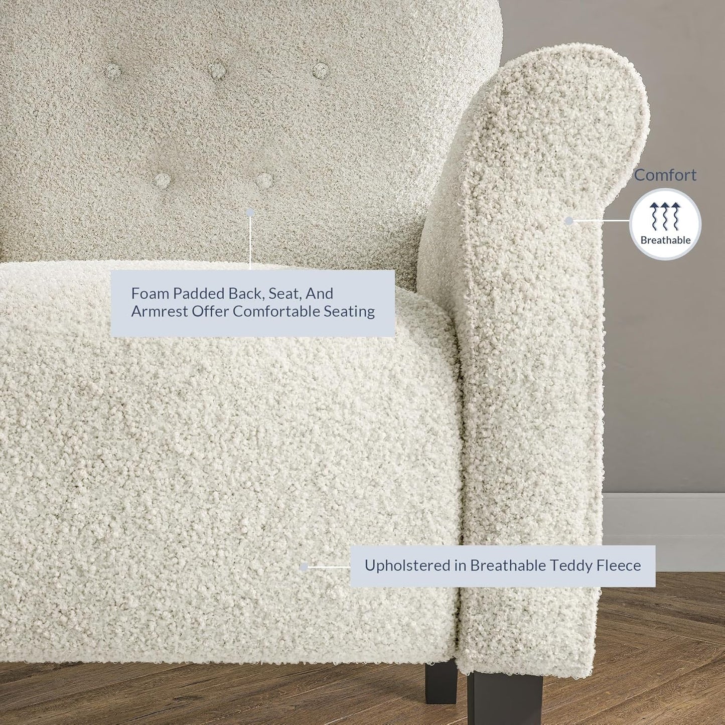BELLEZE Modern Accent Chair for Living Room, High Back Polyester Armchair with Wooden Legs, Upholstered Wingback Side Chair Padded Armrest Single Sofa for Living Room, Bedroom - Allston (White)