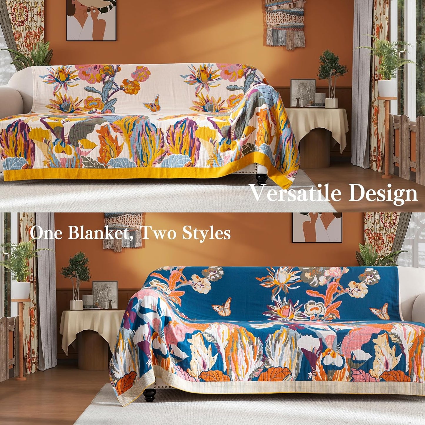 Boho Throw Blanket Full Size, Extra Large Soft Cozy Cotton Muslin Quilt Blanket for Bed Decor, Floral Patterned Couch Sofa Chair Cover, Vintage Farmhouse Cottage Woven Blanket, Yellow&Blue