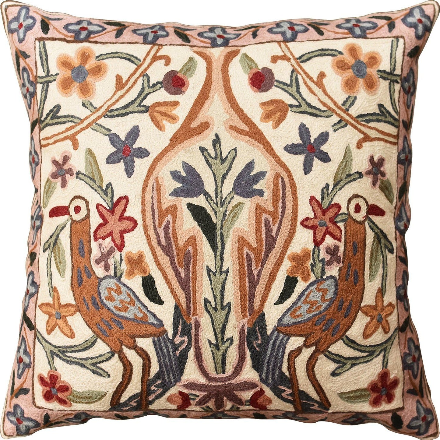 Tree of Life Pillow Cover - Crane Cream Floral Outdoor Pillows | Suzani Cushions | Modern Floral Cushion Hand Embroidered Shams Wool Size - 18x18