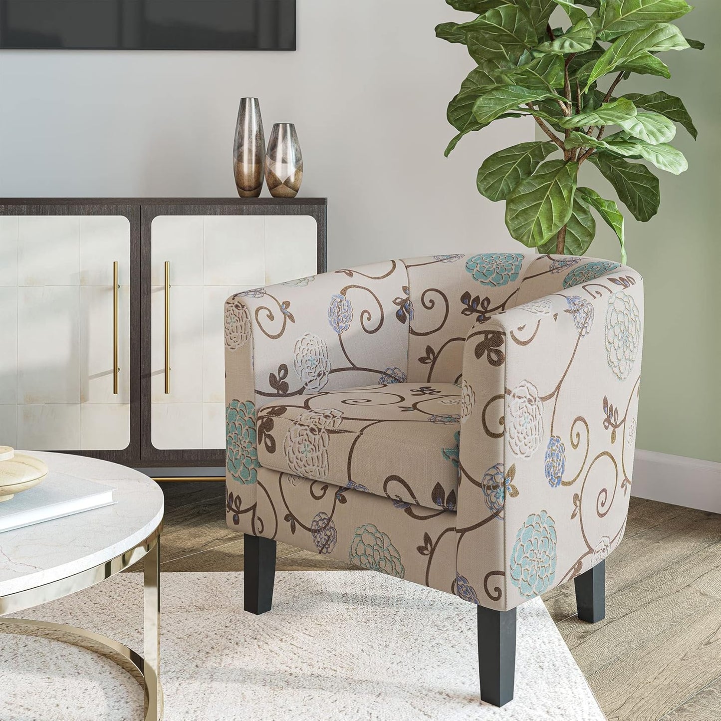 BELLEZE Living Room Chairs Set of 2, Linen Round Accent Barrel Chairs, Club Tub Sofa Chairs for Bedroom, Corner Chairs with Flared Legs and Cozy Soft Padding - Highland (Floral Print)