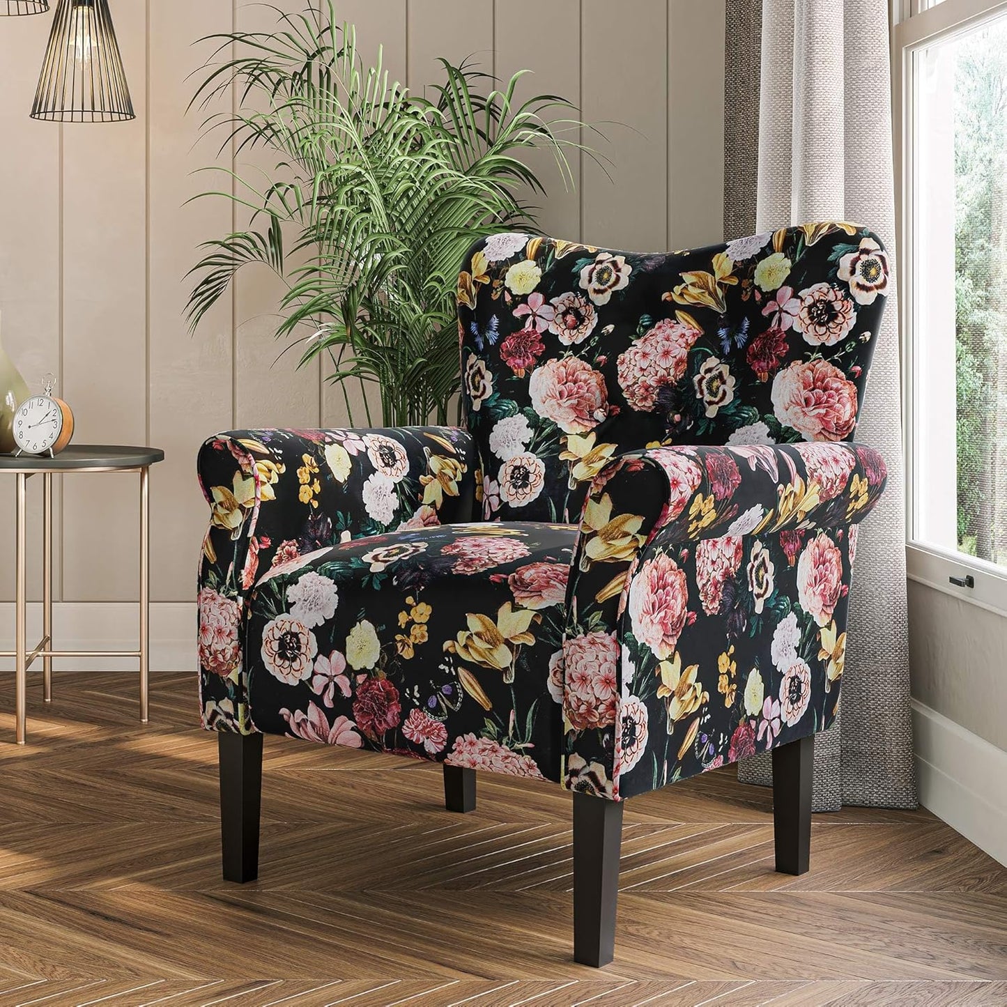 BELLEZE Modern Accent Chair for Living Room, High Back Linen Armchair with Wooden Legs, Upholstered Wingback Side Chair Padded Armrest Single Sofa for Living Room, Bedroom - Allston (Black & Flower)