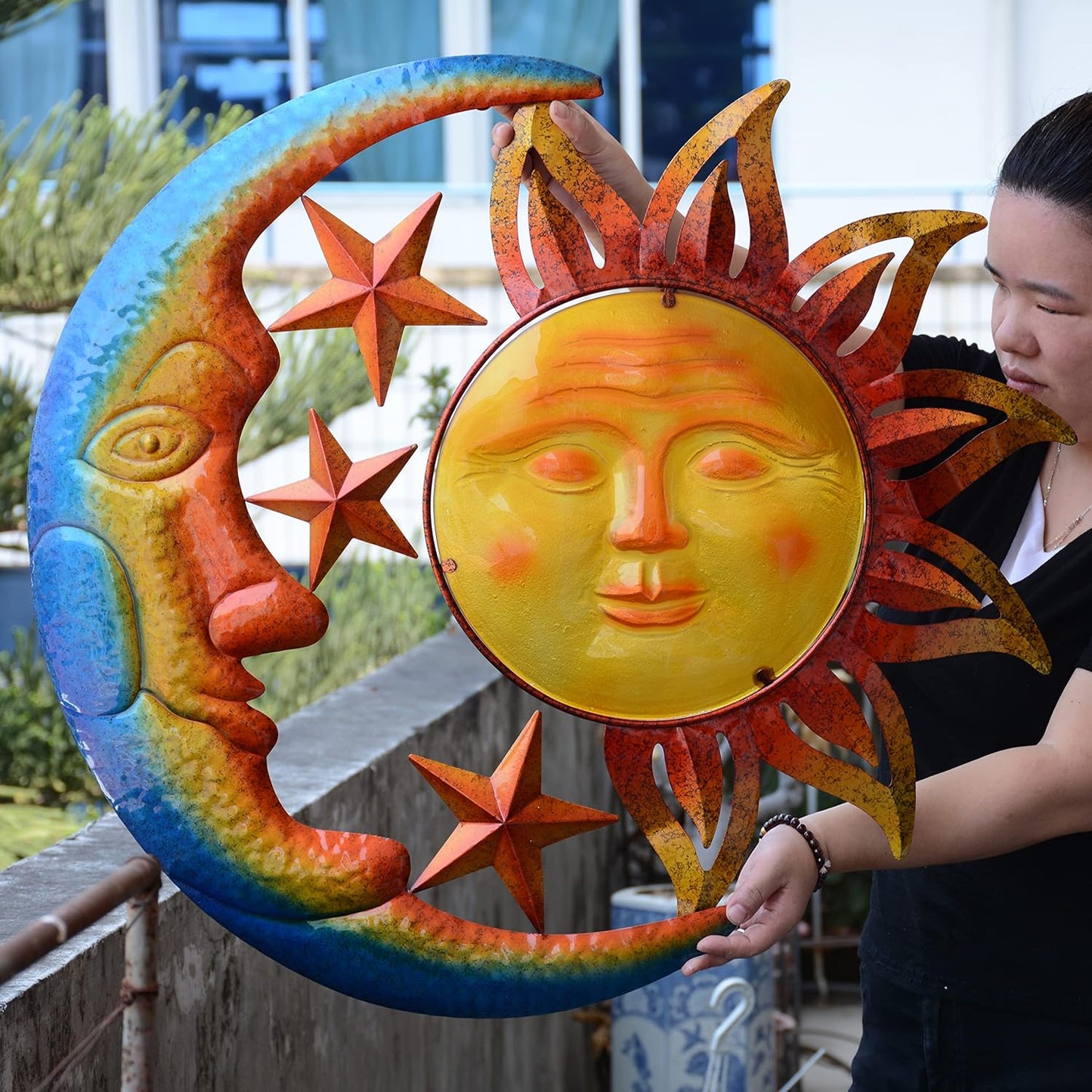 Metal Larger Size 29 Inch Sun Outdoor Wall Art Decor with Moon & Stars,Hanging for Indoor Outdoor Patio Garden Fence Deck Yard Pool Wall Sculpture Decoration Colorful