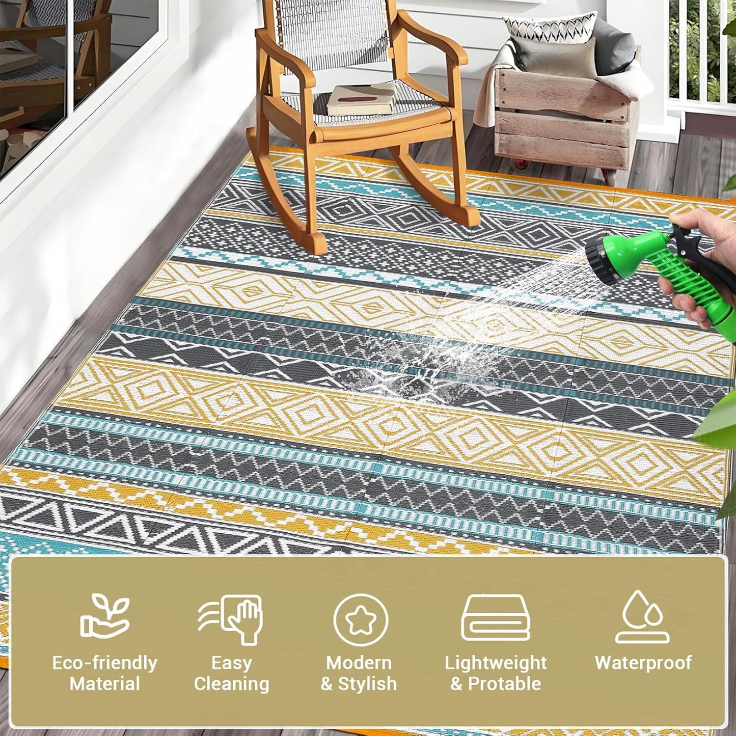 GAOMON Outdoor Rugs Patio Camping Waterproof Rug 6'x9' Plastic Straw Patio Rug Portable for Campers, Outside RVs Mat for Patios Clearance, Backyard Porch, Balcony, Teal/Yellow(Bohemia)