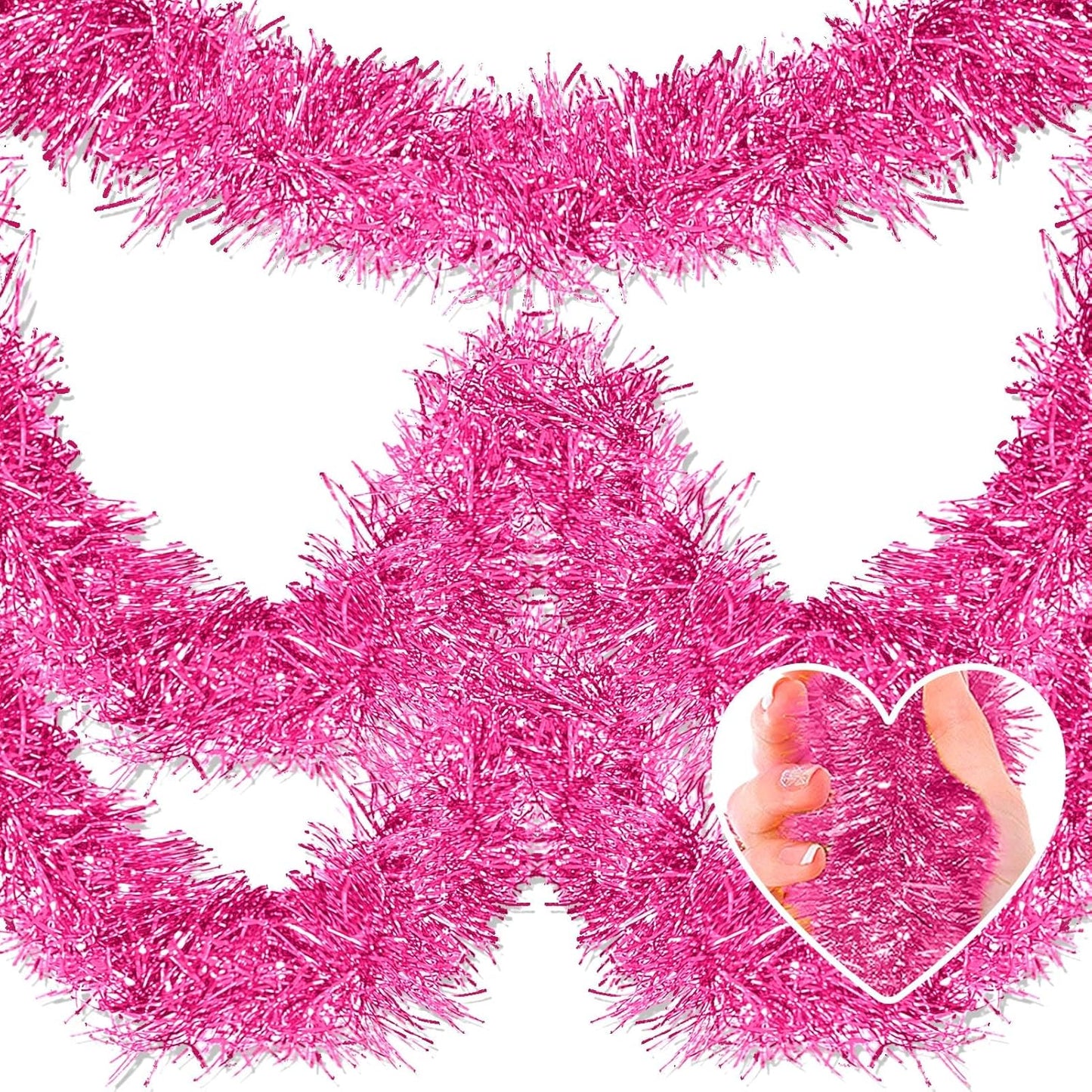 50 Feet Christmas Tinsel Garland, Metallic Twist Wall Hanging Tinsel Backdrop for Parade Floats, Carnival, Birthday, Wedding, New Year Party Decorations (Pink, 2in x 50ft)