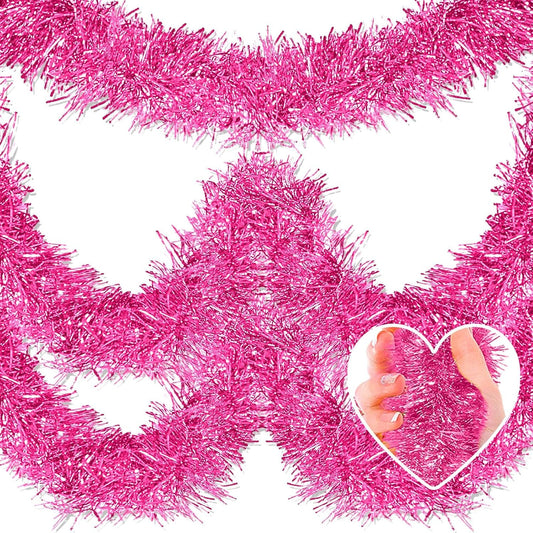50 Feet Christmas Tinsel Garland, Metallic Twist Wall Hanging Tinsel Backdrop for Parade Floats, Carnival, Birthday, Wedding, New Year Party Decorations (Pink, 2in x 50ft)