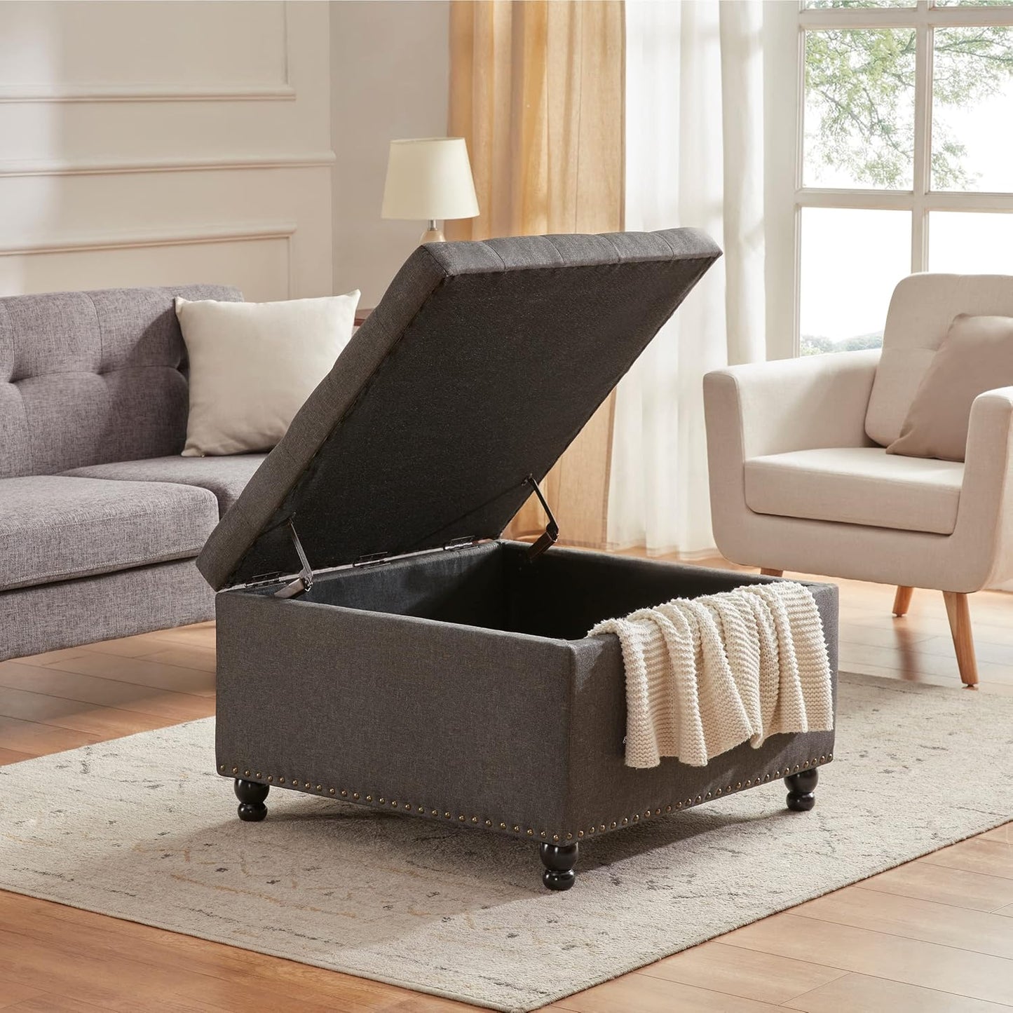 Tbfit Large Square Storage Ottoman Bench, ButtonTufted Upholstered Coffee Table Ottoman with Solid Wood Legs, Oversized Storage Ottomans Toy Box for Living Room (Light Grey)