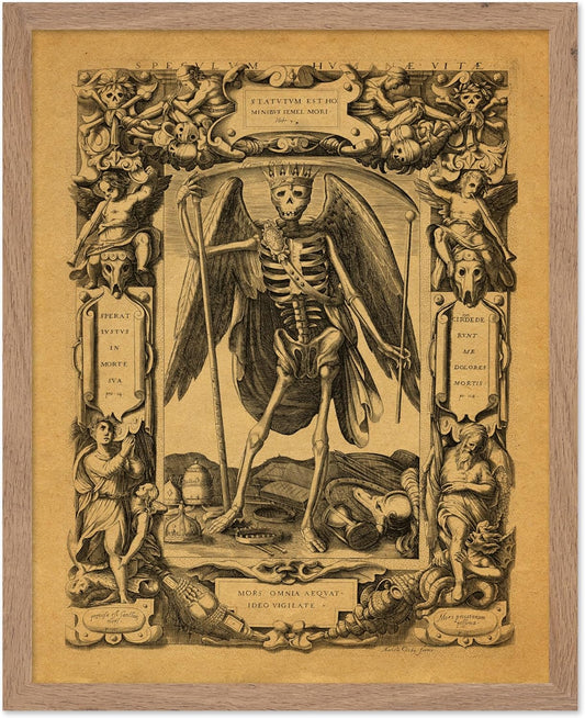 Poster Master Vintage Medieval Poster - Retro Gothic Print - Gift for Artist, Friend - Angel of Death, Memento Mori, Life, Skeleton, Dark - Wall Decor for Home, Living Room, 16x20 Beige Framed