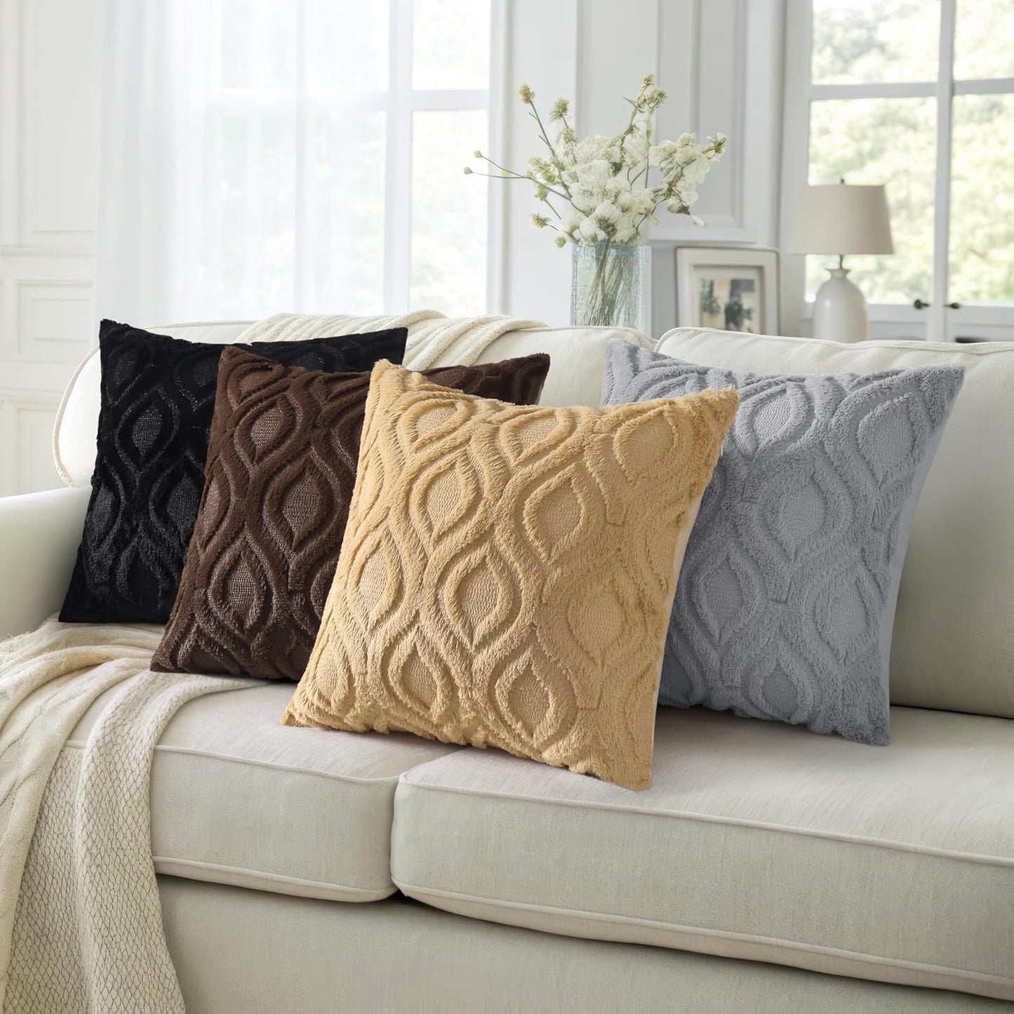 decorUhome Fall Throw Pillow Covers 20x20 Inch Set of 2, Soft Plush Decorative Faux Fur Grey Solid Couch Pillow Covers, Accent Farmhouse Neutral Square Euro Pillow Cases for Sofa Bed Living Room