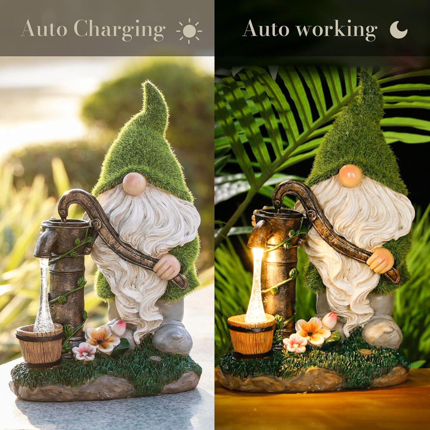 TERESA'S COLLECTIONS Garden Gnomes Decor with Solar Lights, Fathers Gifts, Green Outdoor Resin Decorations for Porch Patio, Gnome Ornaments for Dad and Mom，9"