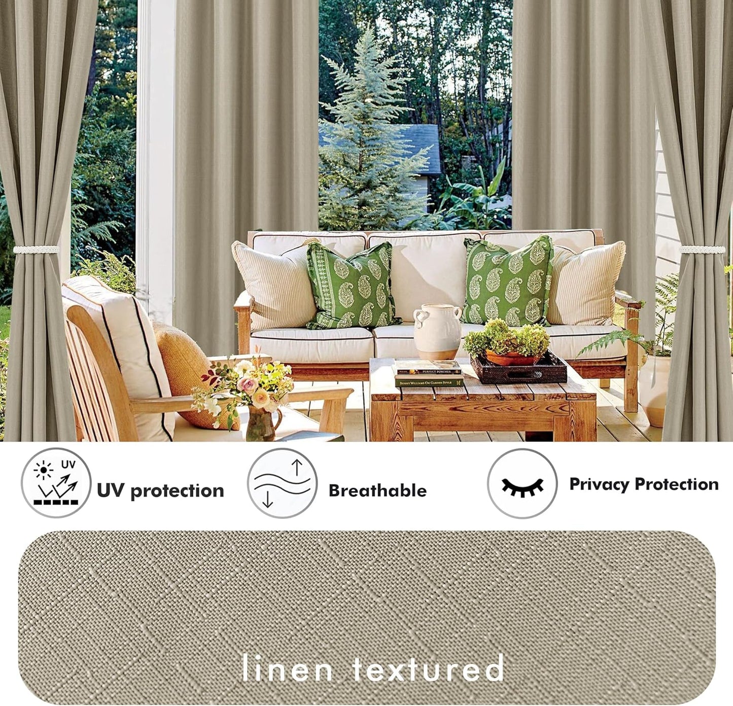 HolidayIdeas Linen Outdoor Curtains for Patio Waterproof-4 Panels Taupe Outside Curtains 54"x95"-Indoor/Outdoor Privacy Gazebo Curtains Weighted Weatherproof for Pergola, Porch, Cabana, Sunroom