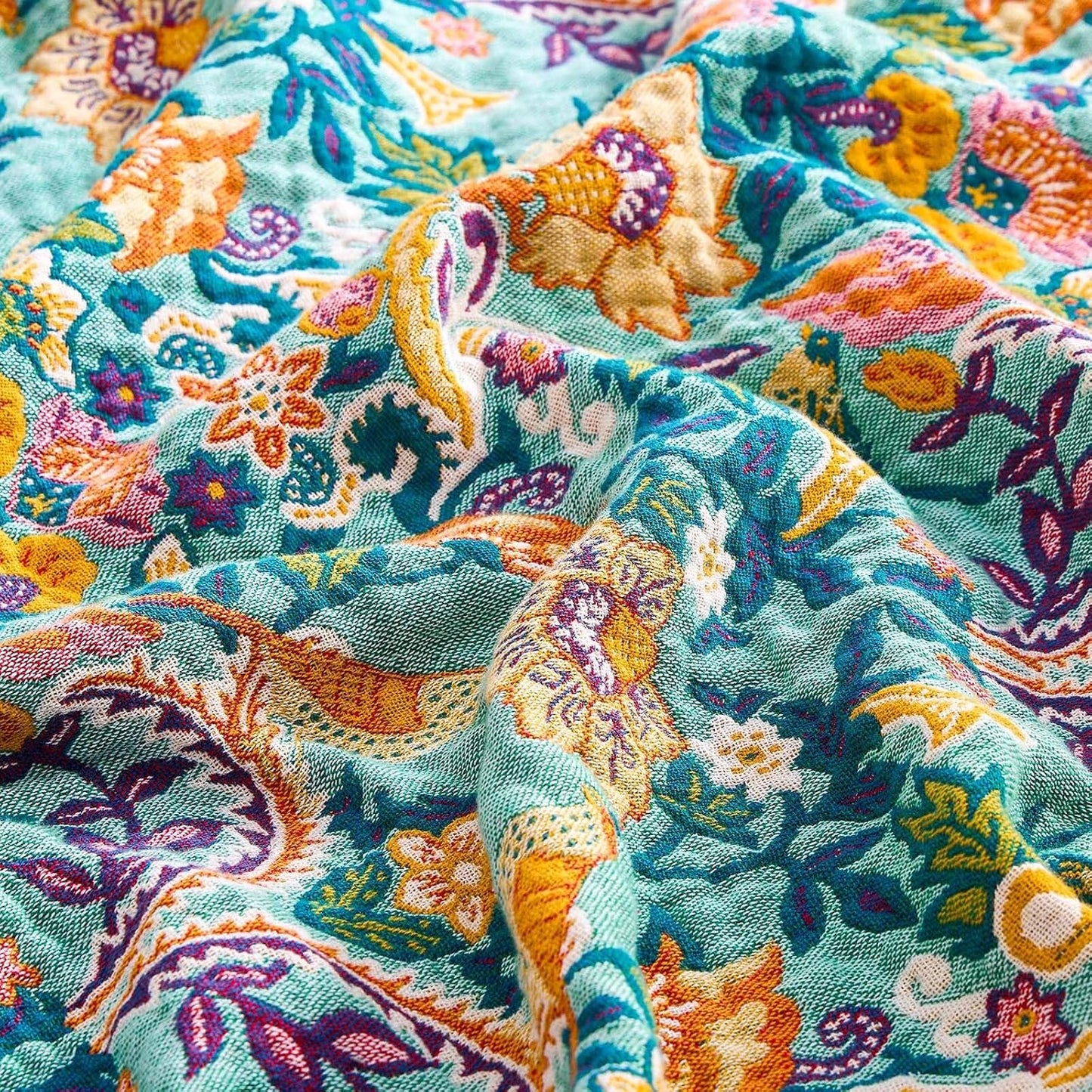 Boho Blanket Throw Quilt, 100% Cotton Soft Light Weight Throw Blankets for Summer, 80"x90" Farmhouse Flower Decorative Blankets, All Season Rustic Reversible Bohemian Throw Quilt
