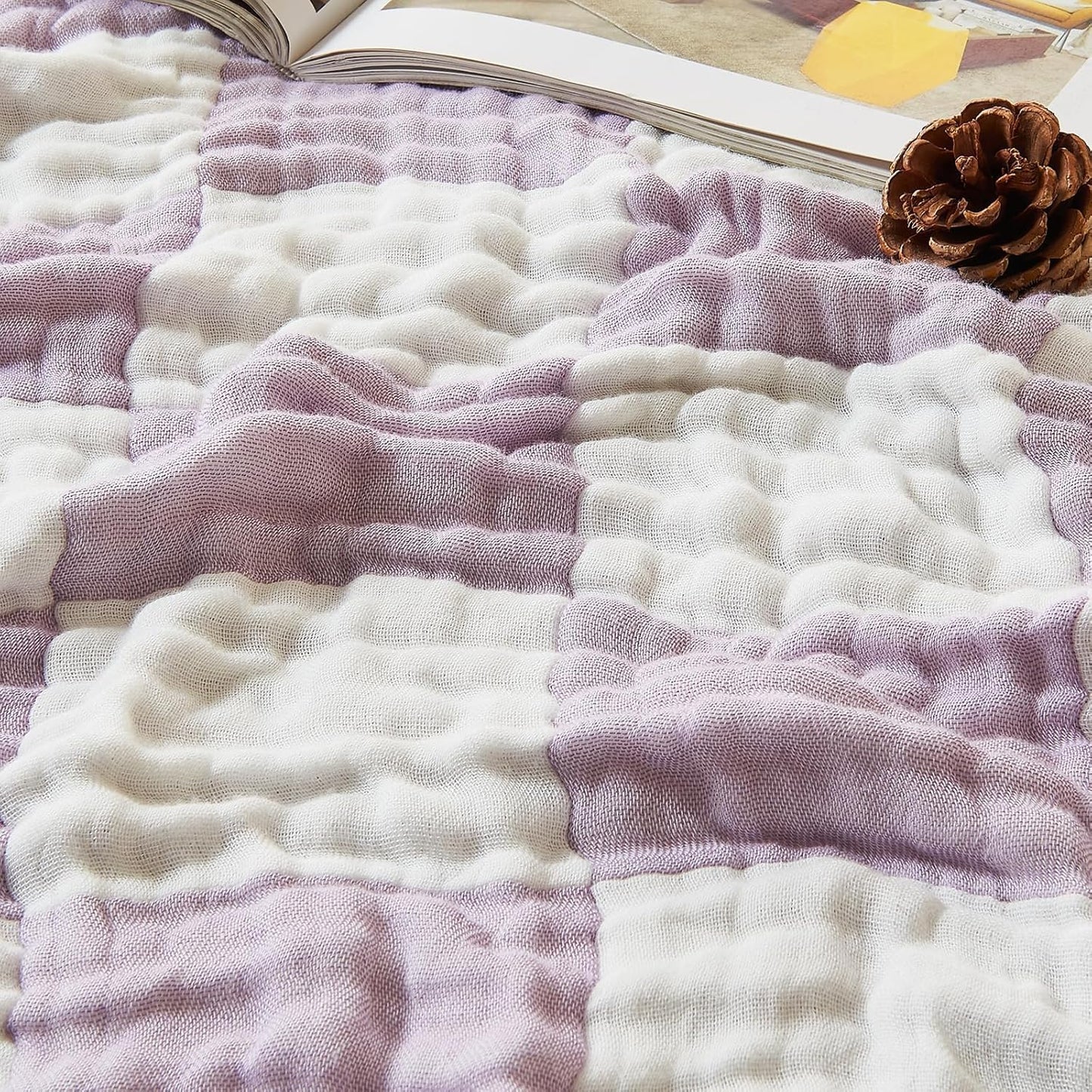 EMME Checkered Cotton Blanket Twin Large 60"x80" 100% Muslin for Couch Breathable Cooling Gauze All Season Soft and Lightweight (Lavender)