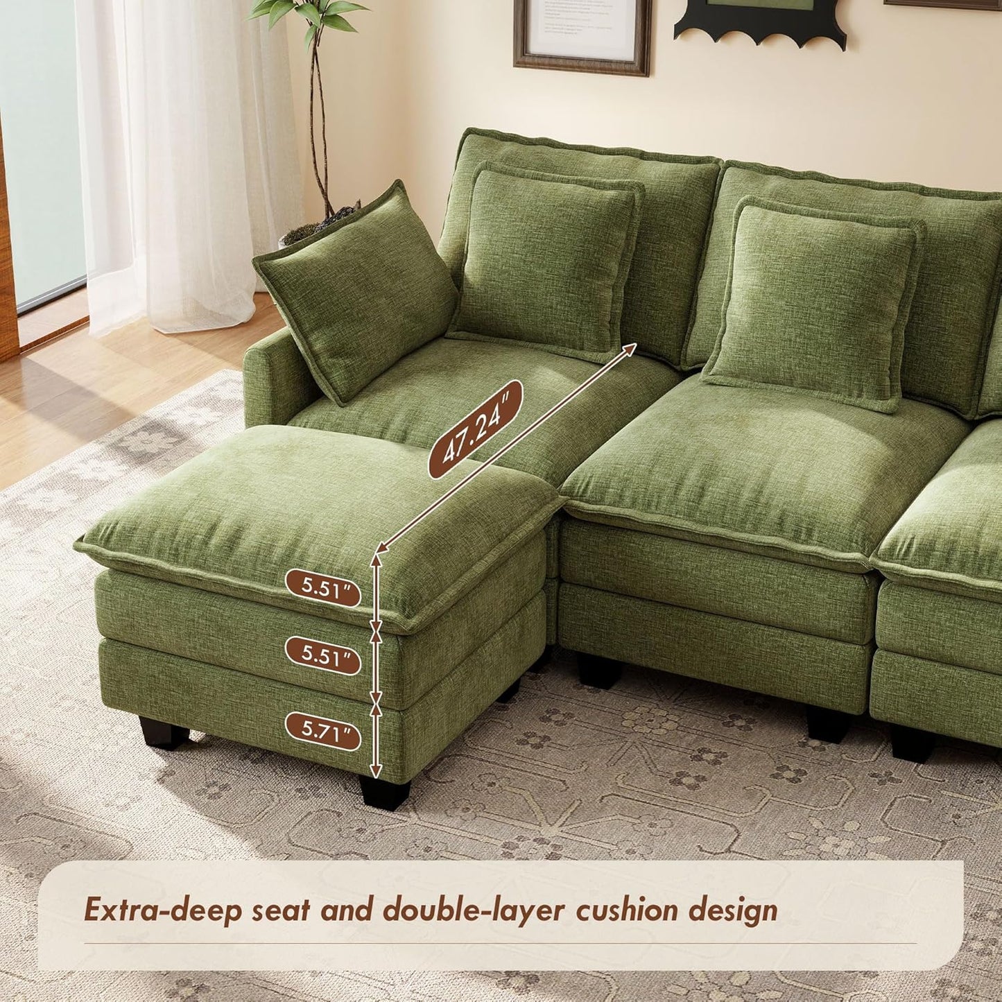 Ihanherry 106" L Shaped Modular Sectional Cloud Sofa, Modern 6 Seat Chenille Couch with Ottoman for Living Room, Bedroom and Apartment, Green