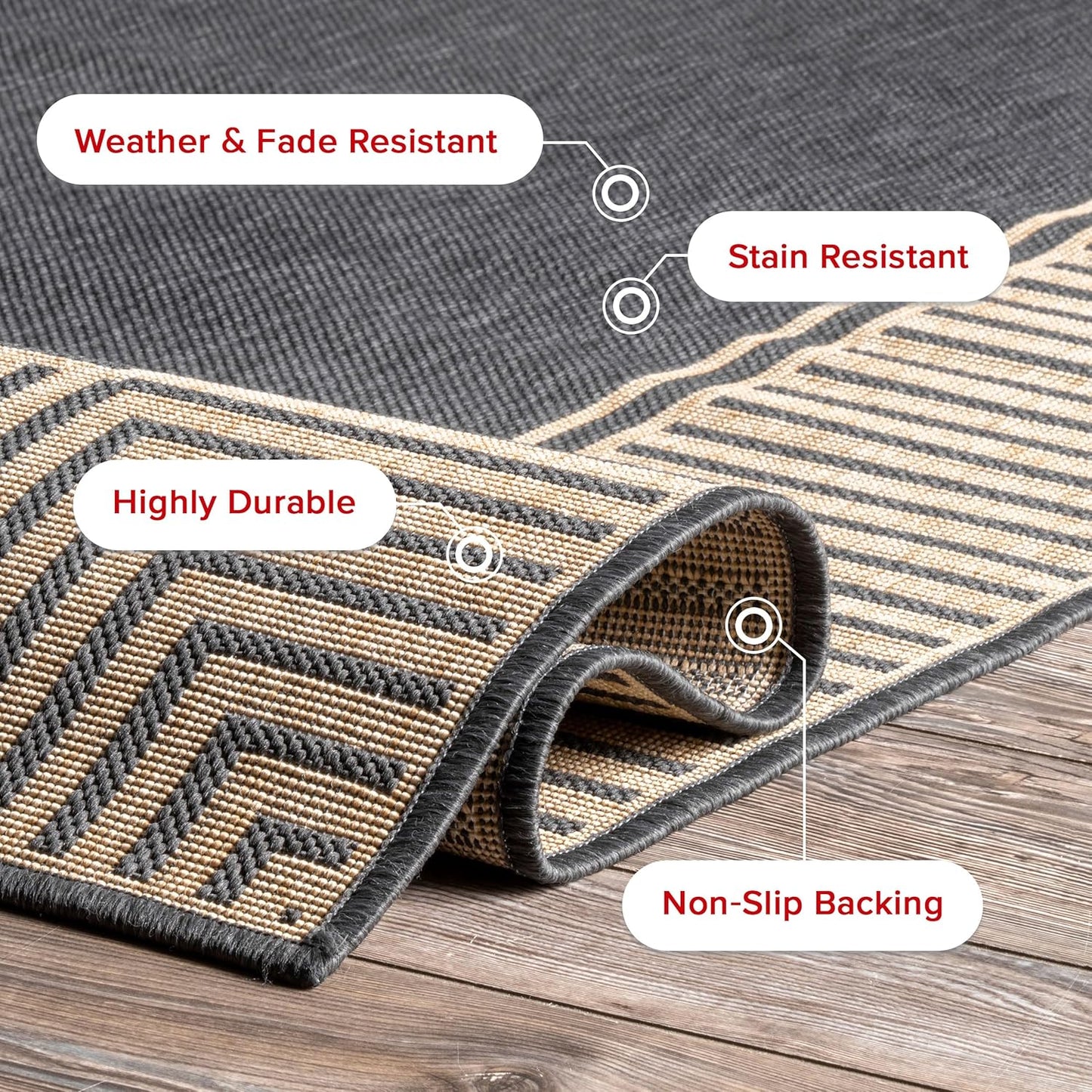 nuLOOM 8' x 10' Outdoor Area Rug, Casual Design With Striped Border, Stain Resistant, Highly Durable, For Patio, Balcony, Bedroom, Living Room, Dining Room, Bathroom, Dark Grey