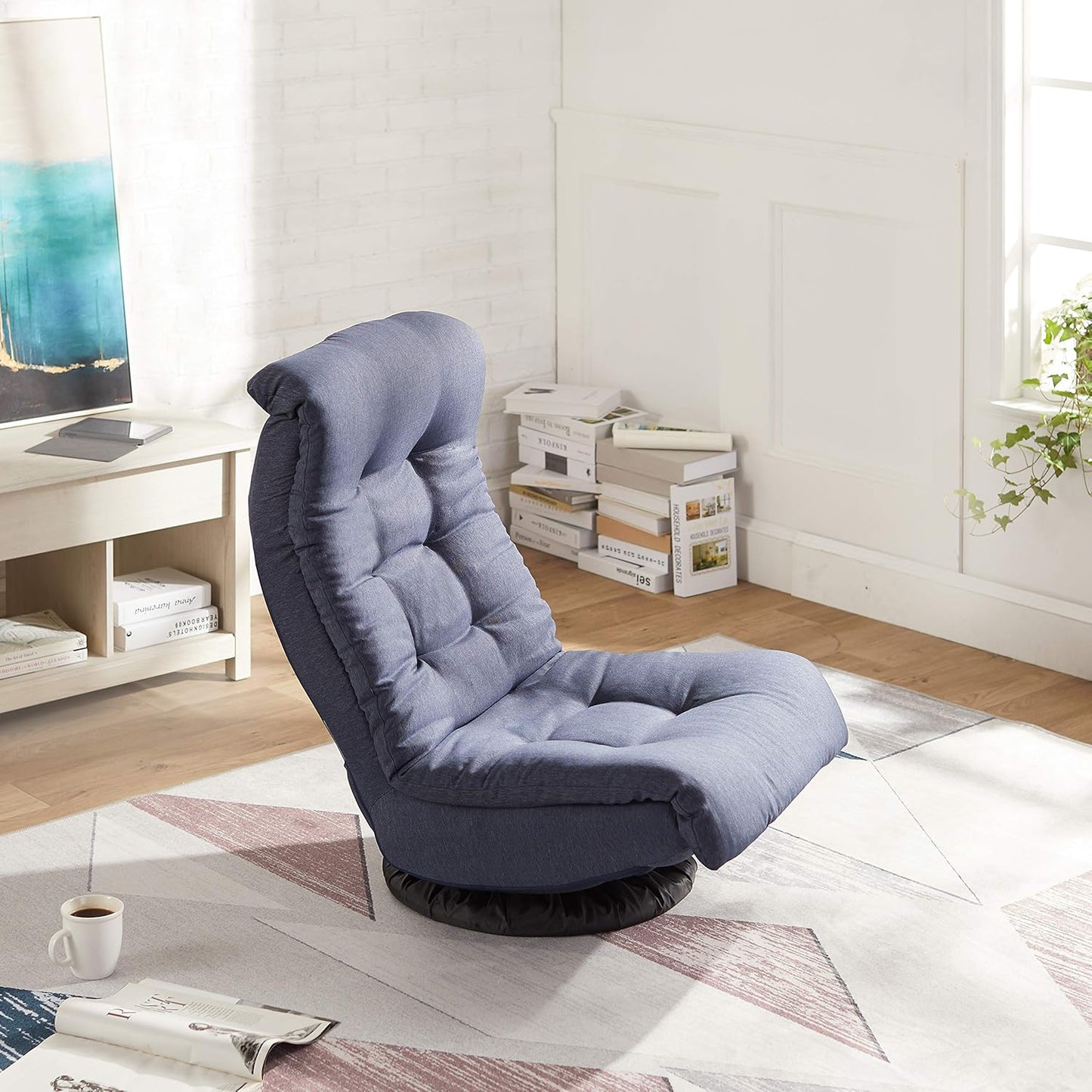 Amazon Basics Swivel Foam Lounge Chair with Headrest, Floor-Compatible, Adjustable, Gaming, 26.3D x 23.5W x 13.7H in, Denim Blue