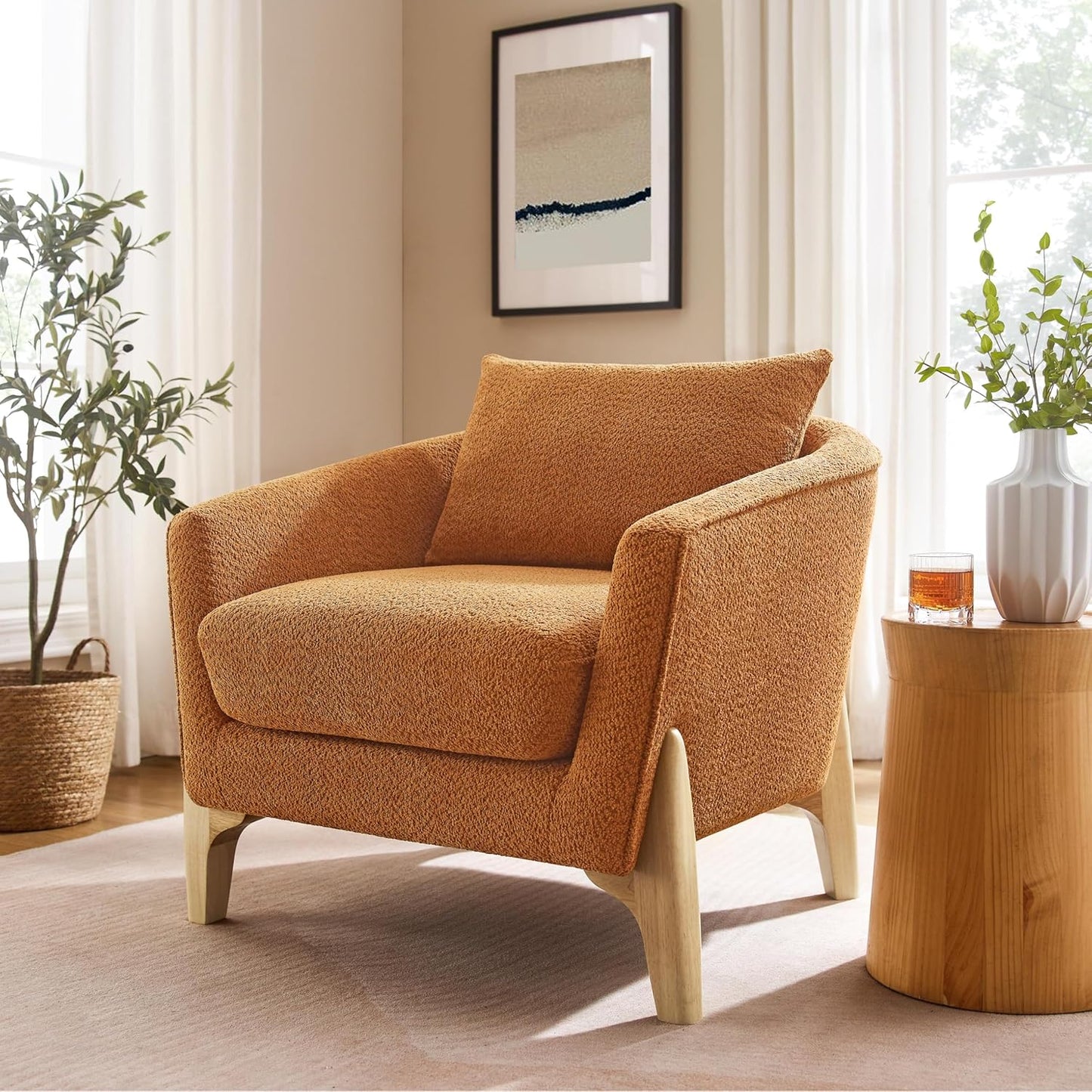 Accent Chair 31" Oversized Reading Chair Comfy Upholstered Boucle Lounge Armchair, Modern Living Room Chair with Back Pillow,Single Sofa Chair for Bedroom, Office (Curry)