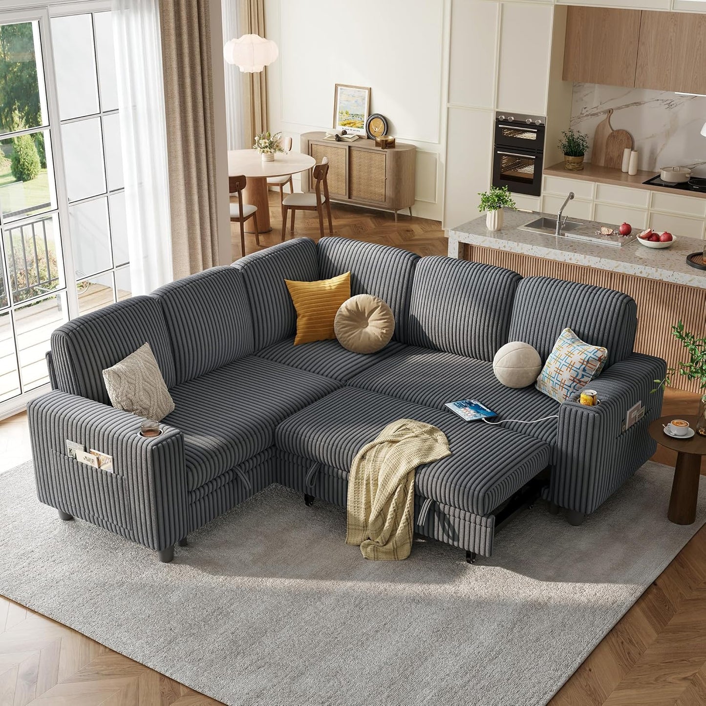 LINSY HOME Sectional Sleeper Sofa with Pull Out Couch Bed - Convertible Plush Corduroy Cloud Couch with Storage Chaise & USB Charging, Comfy L Shaped Modular Couches for Living Room Apartment (Grey)