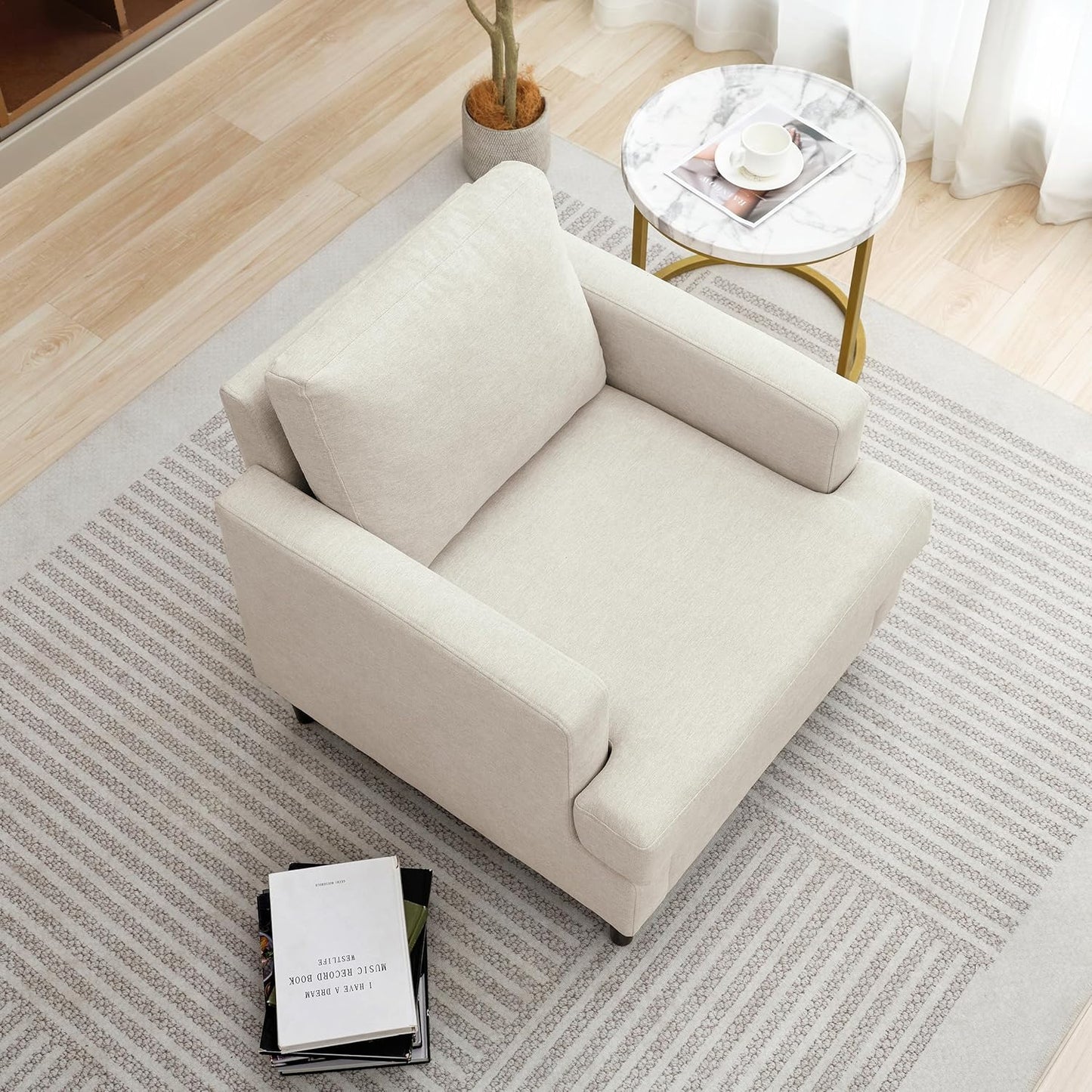Mid-Century Accent Chair,Modern Linen Fabric Armchair for Living Room,Comfy Upholstered Reading Accent Chairs for Bedroom,Single Sofa Chair with Wood Legs (Beige, 1 Pack)