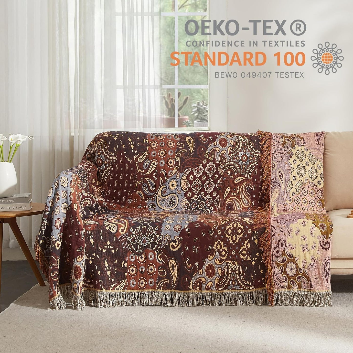 Boho Throw Blanket for Bed 80”x90”, 100% Cotton Woven Blanket for Couch Sofa, Ultra Soft 4-Layer Muslin Quilt with Patchwork Floral Printed, Farmhouse Bed Blanket/Cover for Living Room Decor