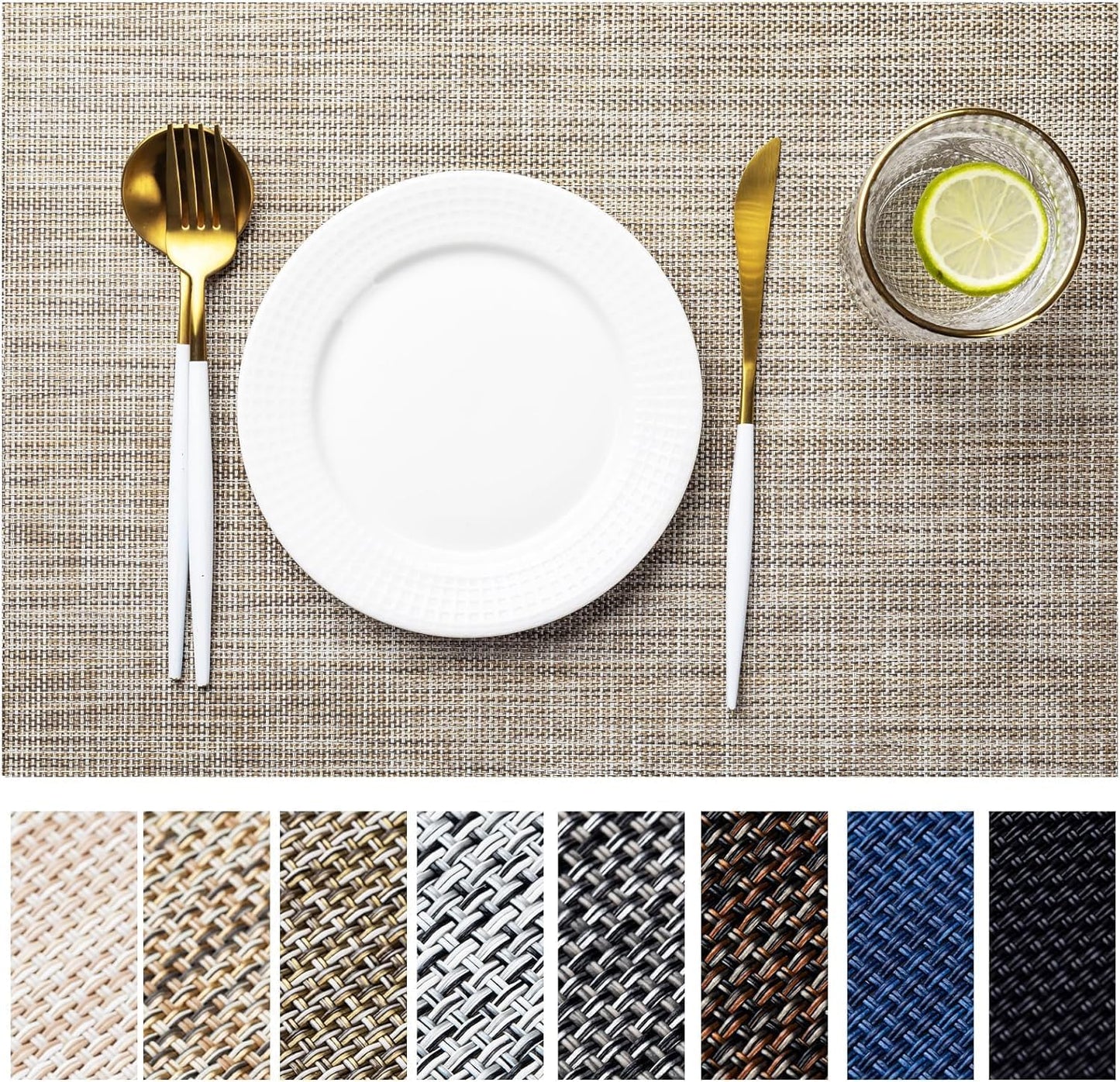 LEXMORE Placemats Set of 6 Vinyl/Plastic Woven Place Mats for Kitchen Table Indoor/Outdoor Washable Placemat Wipeable Dining Table Mats(A-Caramel)